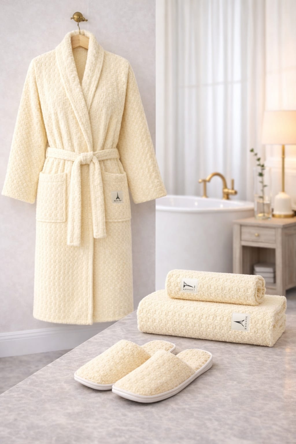 4 PCS Bath Robe Set with Matching Towel and Slippers