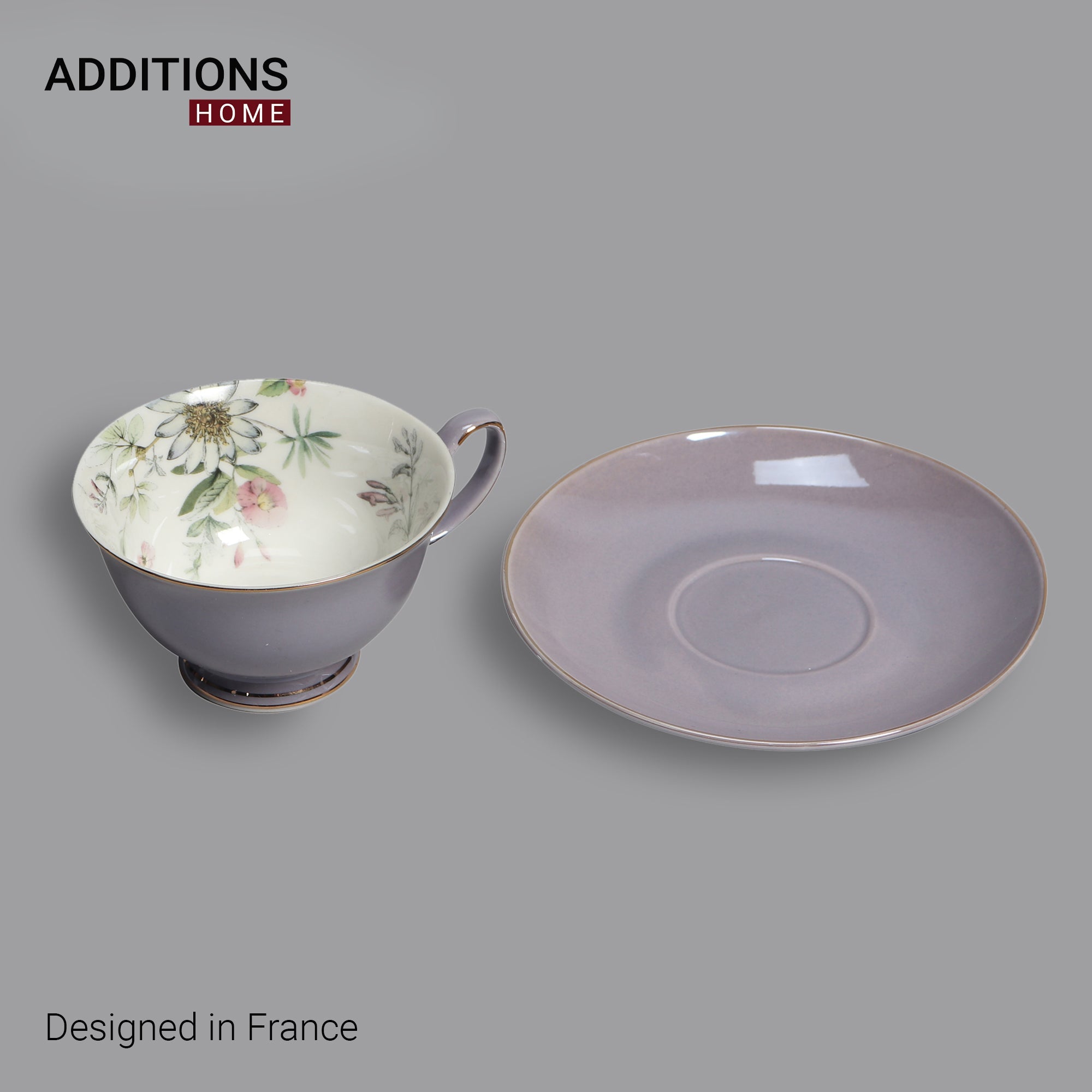 Fine English Bone China inner printed Cup and Saucer Purple (Set of 6)