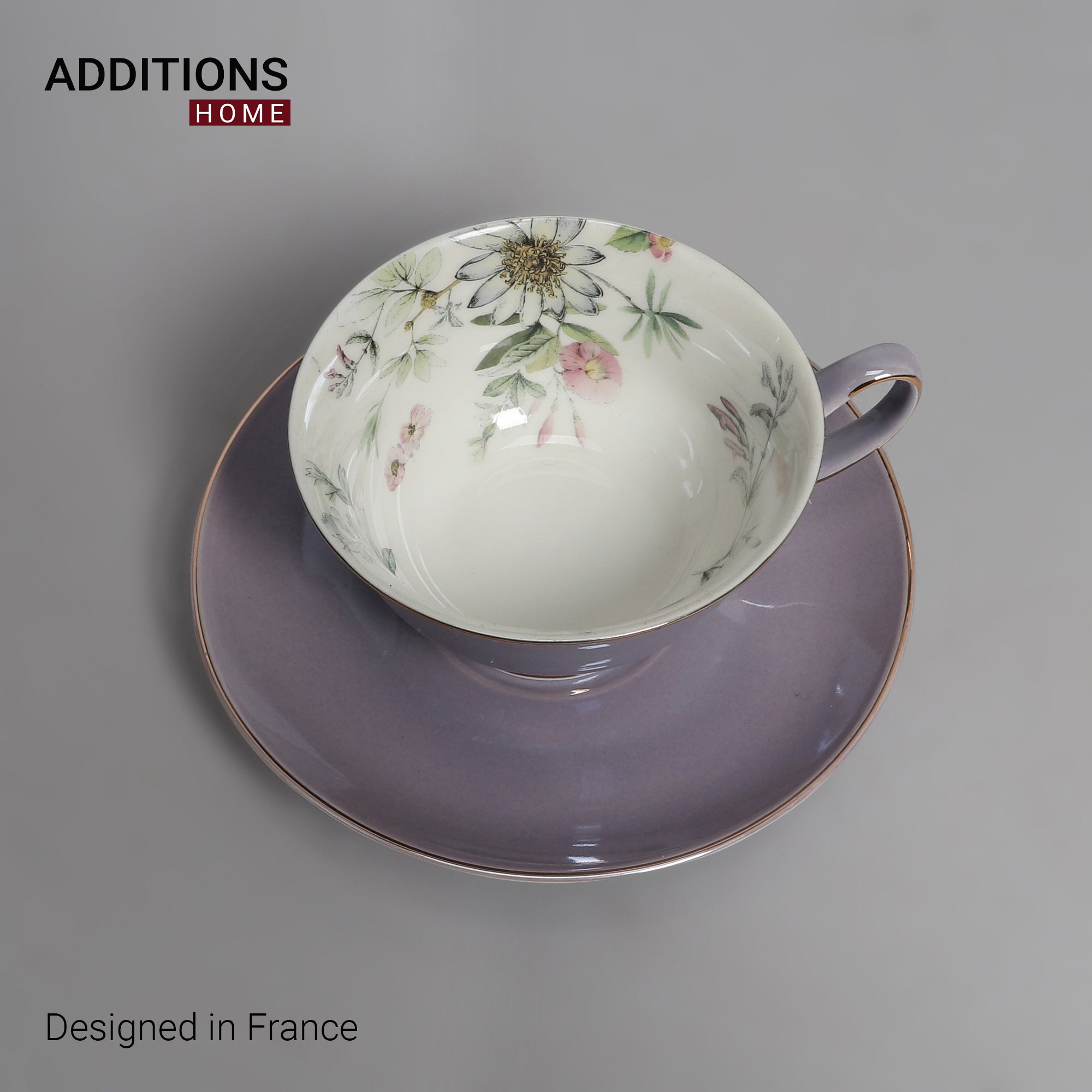 Fine English Bone China inner printed Cup and Saucer Purple (Set of 6)