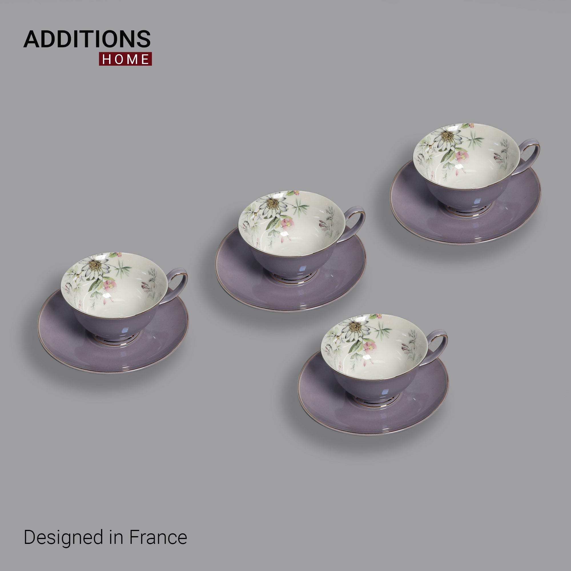 Fine English Bone China inner printed Cup and Saucer Purple (Set of 6)