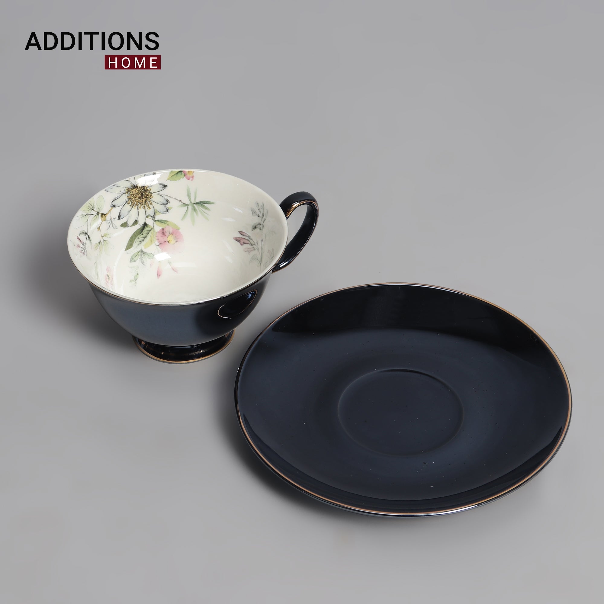 Fine English Bone China inner printed Cup and Saucer Dk Navy (Set of 6)