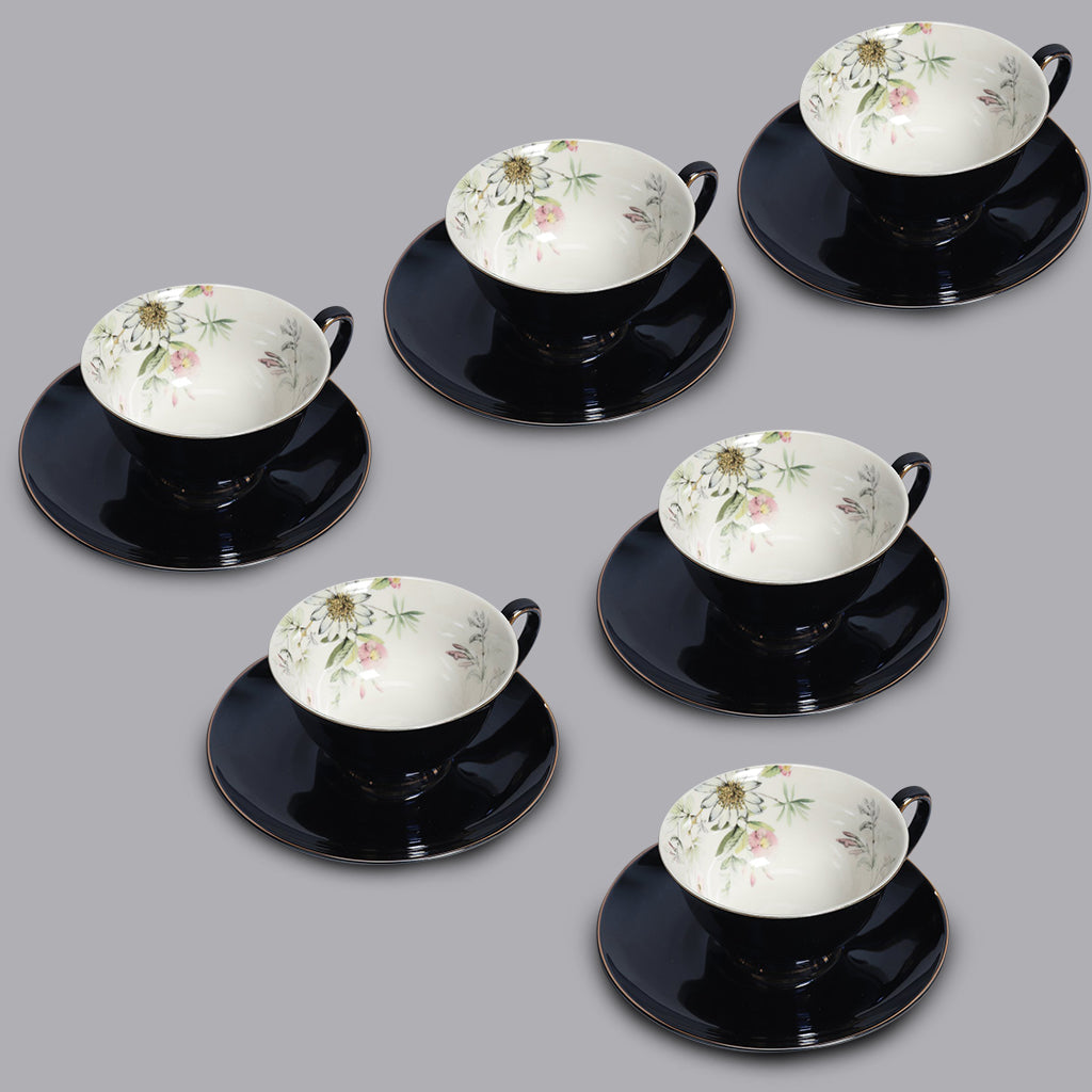 Fine English Bone China inner printed Cup and Saucer Dk Navy (Set of 6)