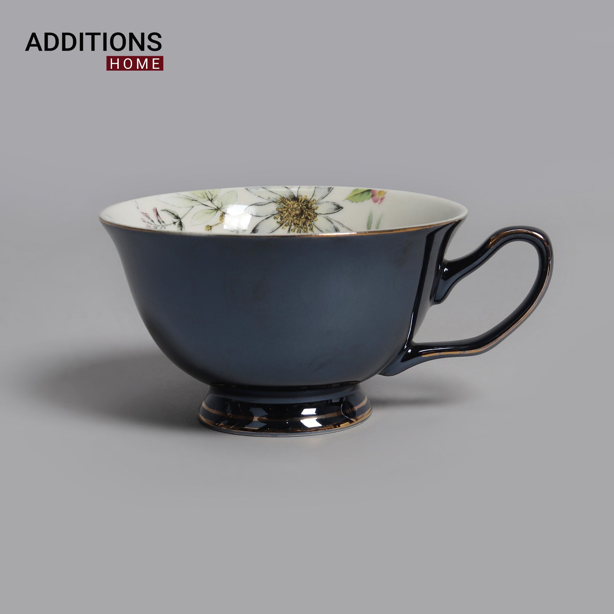 Fine English Bone China inner printed Cup and Saucer Dk Navy (Set of 6)