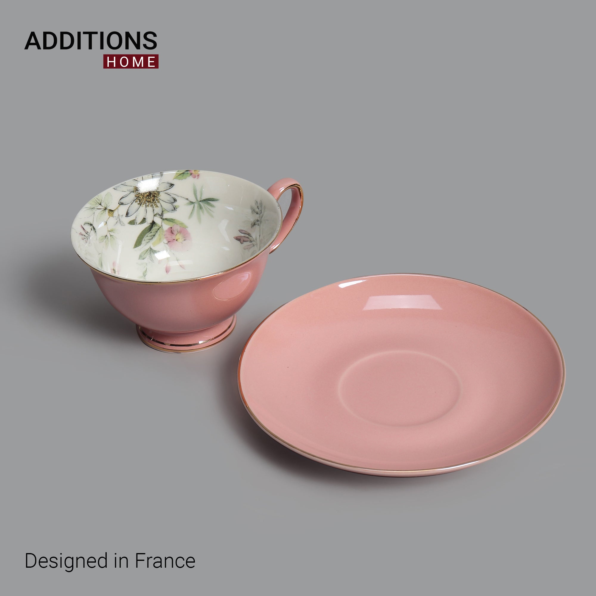 Fine English Bone China inner printed Cup and Saucer Pink (Set of 6)