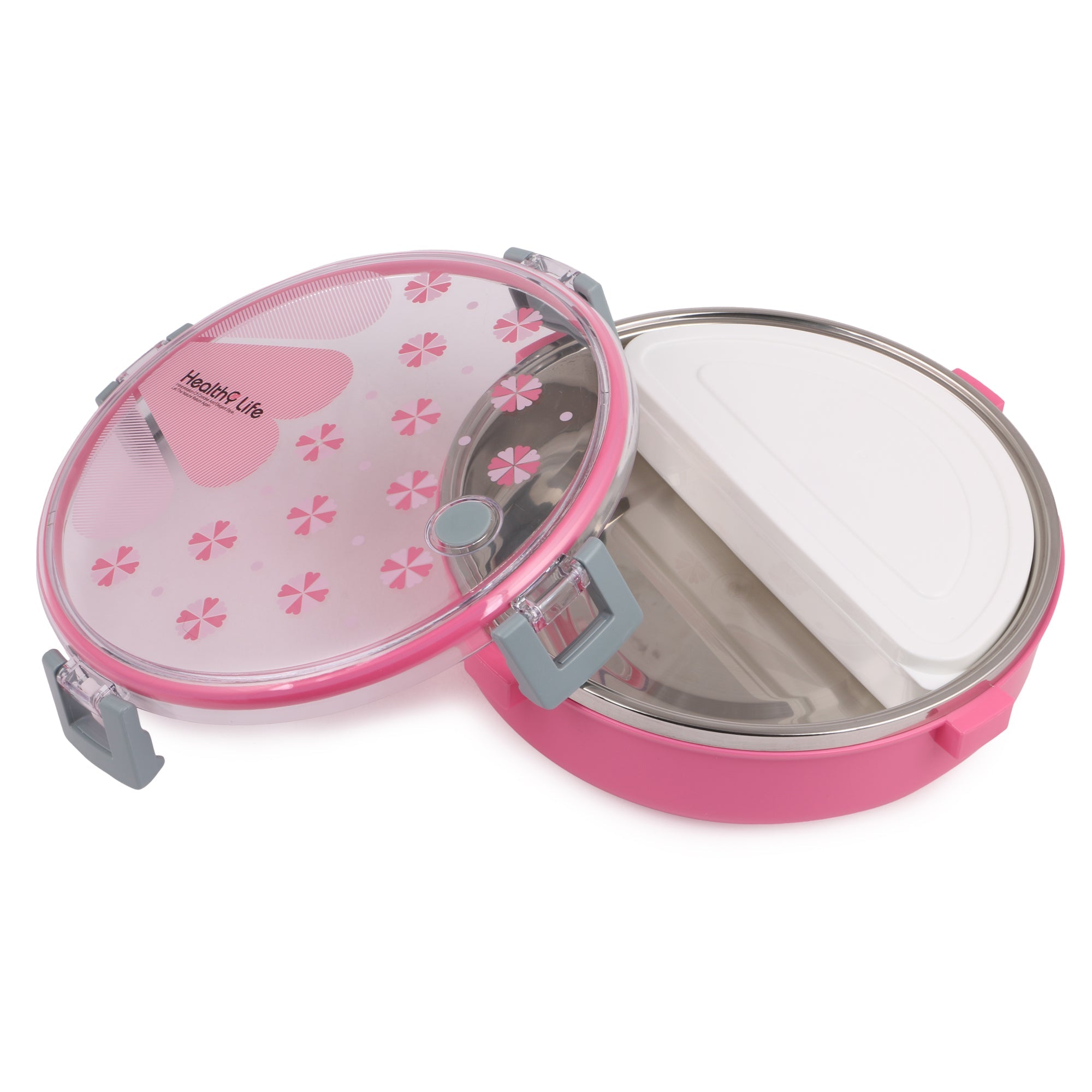 Round Shape Lunch Box Stainless Steel 6526 Inside and P.P Outside, 1 Inner Container & 1 Spoon (920ml)