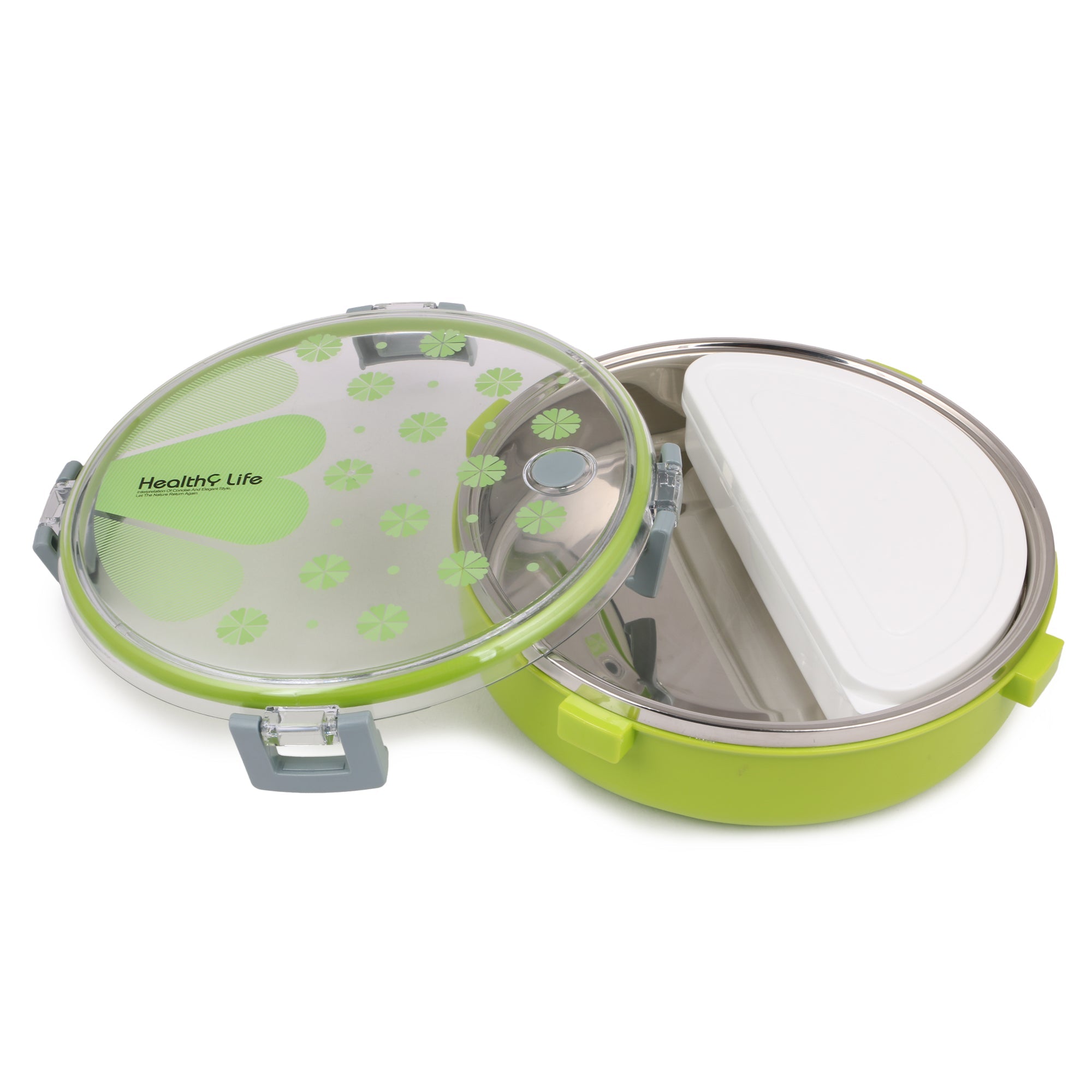 Round Shape Lunch Box Stainless Steel 6526 Inside and P.P Outside, 1 Inner Container & 1 Spoon (920ml)