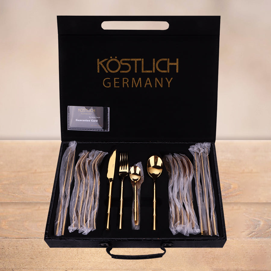 24pcs Luxury Chrome Plated Classic Cutlery Set Dinner Spoon Knives Fork Set Stainless Steel Tableware Dinner Set with Gift Box Gold Pleated