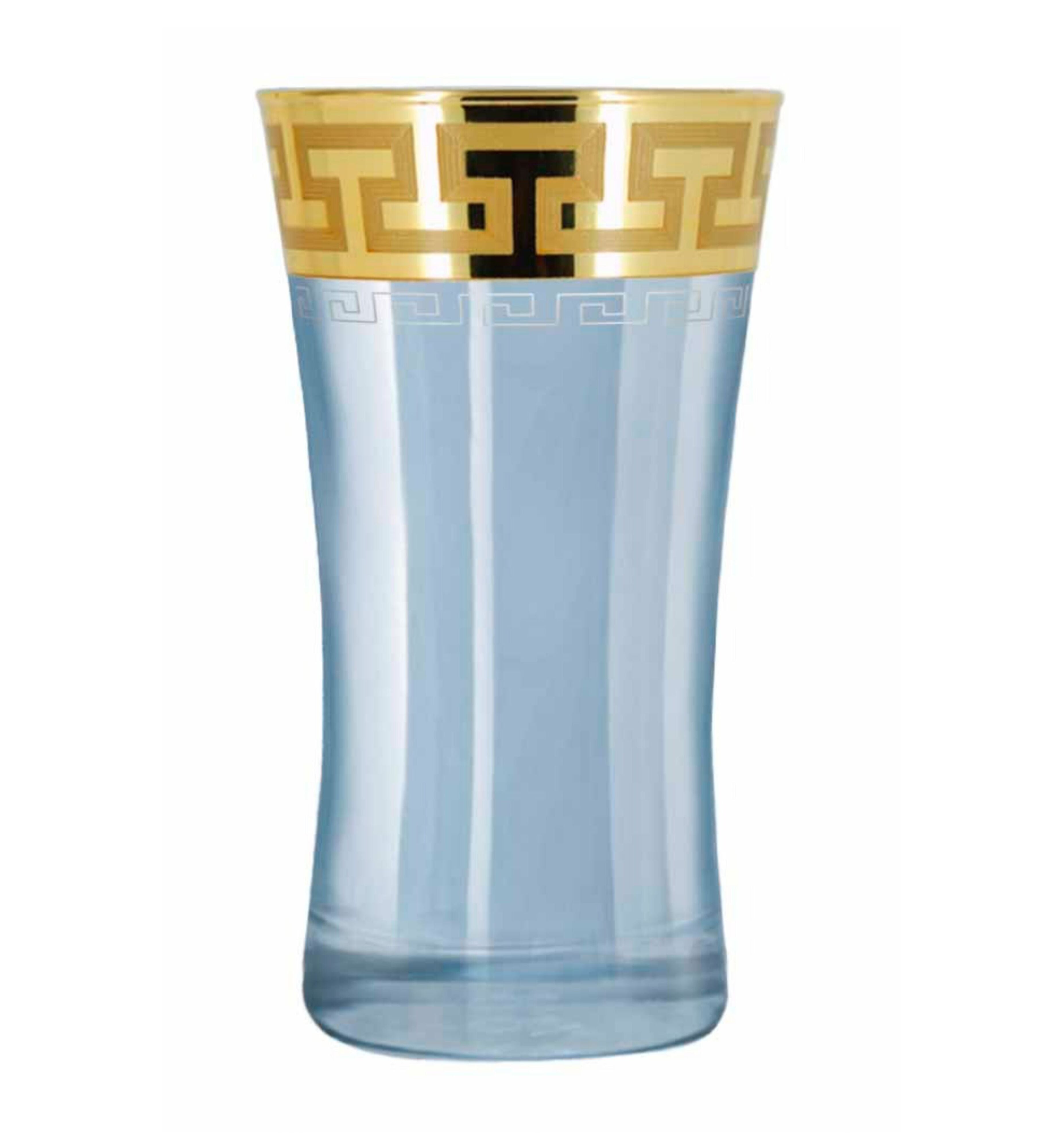 Hand Crafted Blue Luster & Gold Decal 300 ML Long Glasses for Home and Kitchen - Ideal Gift for Housewarming