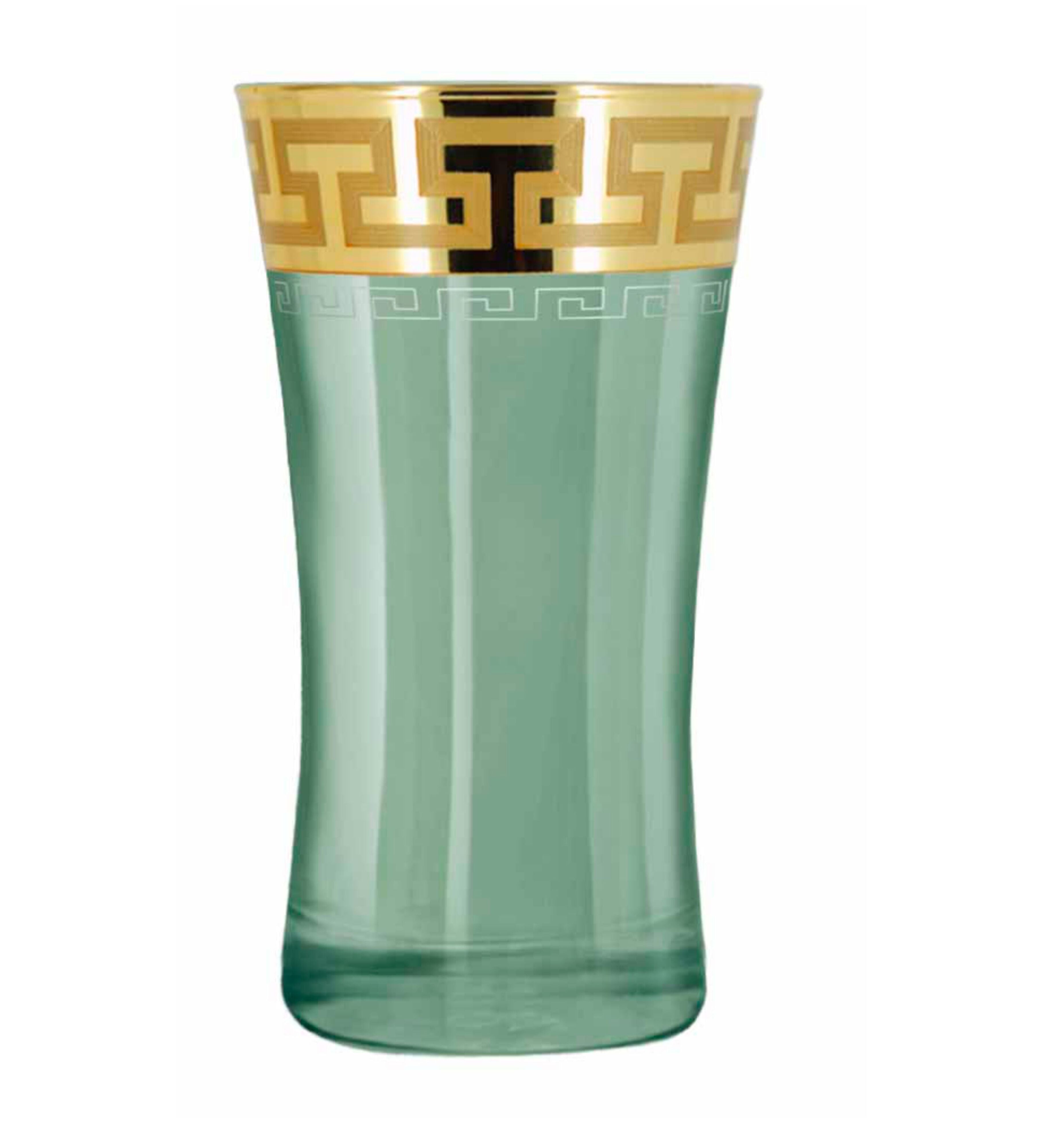 Hand Crafted Green Luster & Gold Decal 300 ML Long Glasses for Home and Kitchen - Ideal Gift for Housewarming