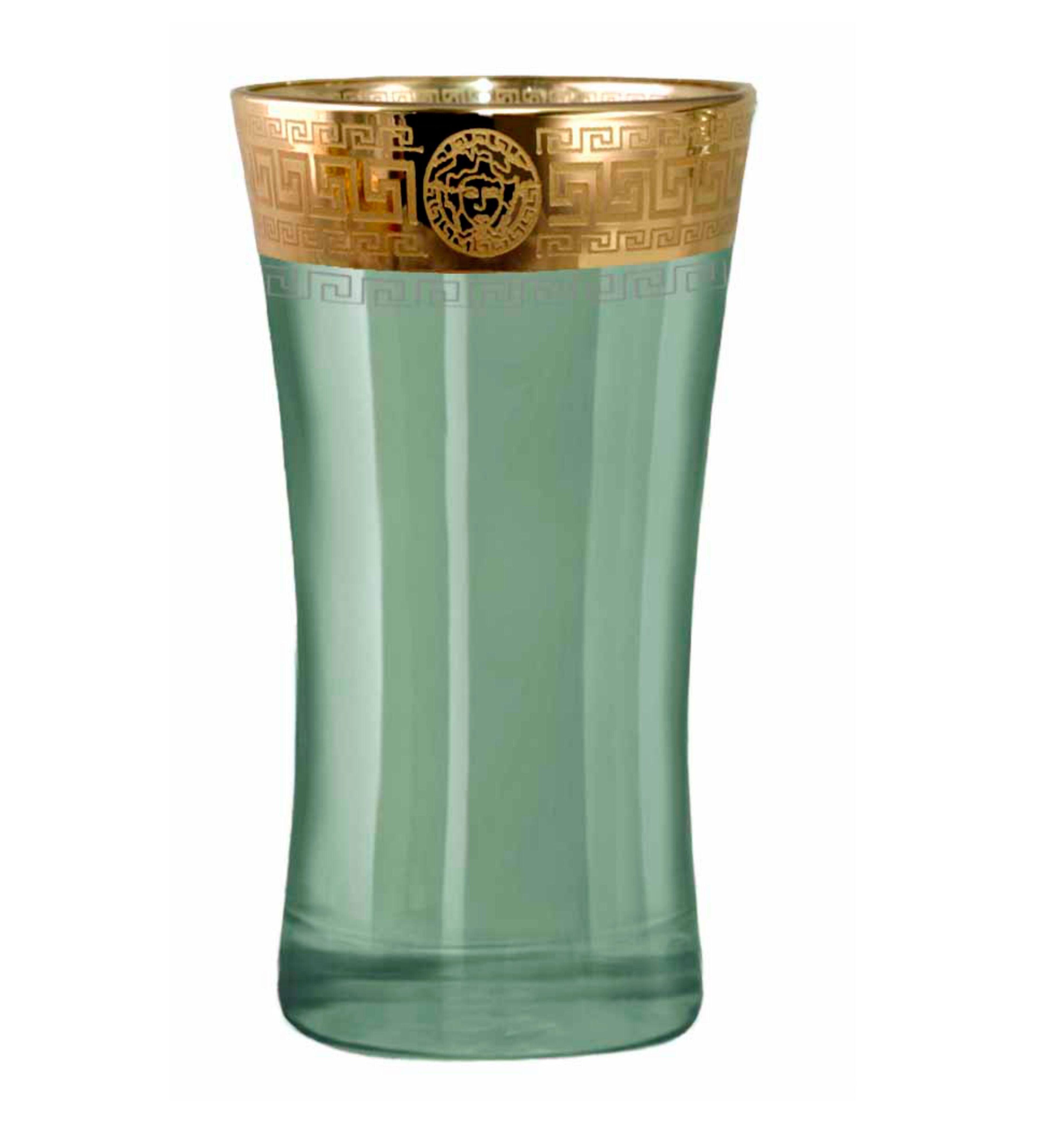 Hand Crafted Green Luster & Gold Decal 300 ML Long Glasses for Home and Kitchen - Ideal Gift for Housewarming