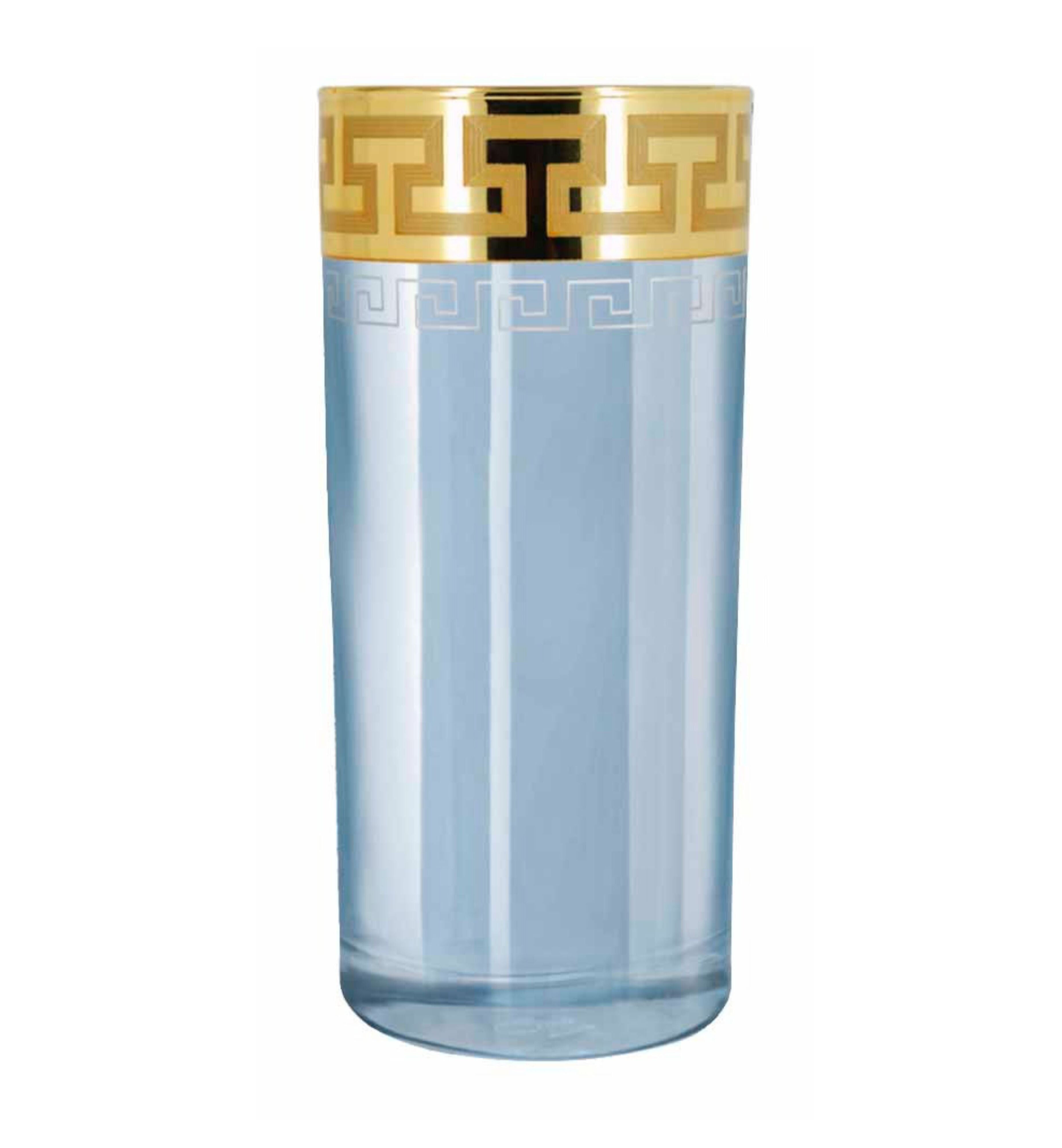 Hand Crafted Blue Luster & Gold Decal 280 ML Long Glasses for Home and Kitchen - Ideal Gift for Housewarming