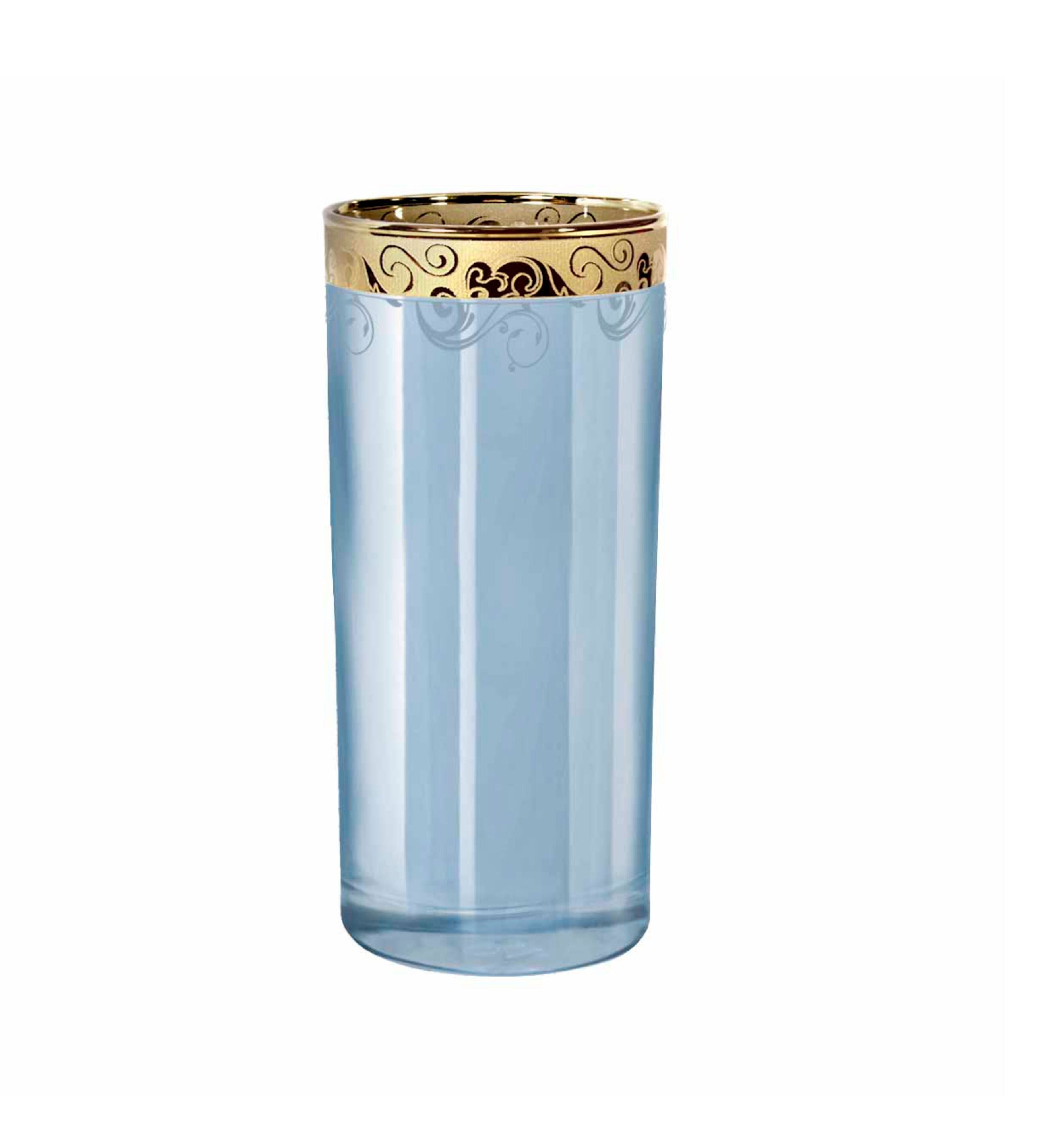 Hand Crafted Blue Luster & Gold Decal 280 ML Long Glasses for Home and Kitchen - Ideal Gift for Housewarming