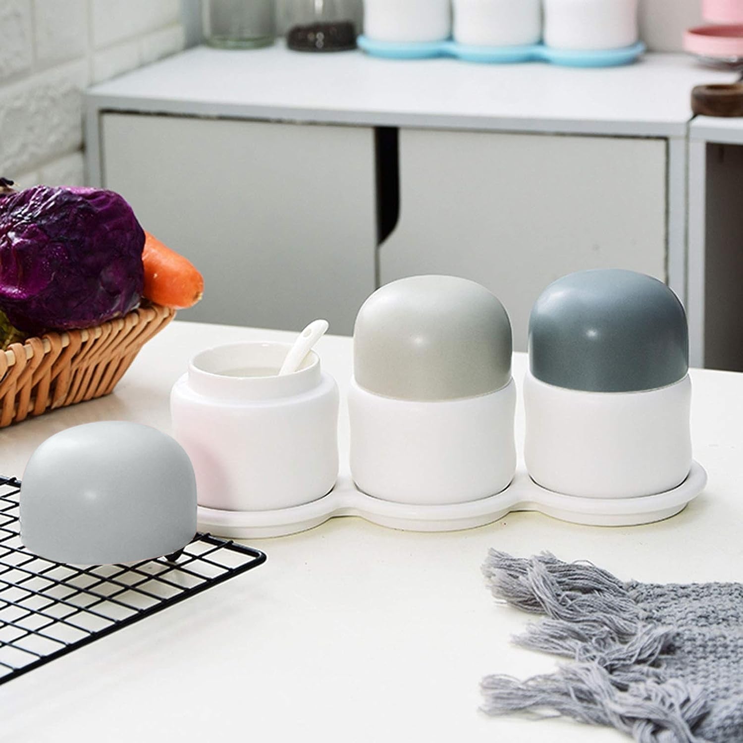 Ceramic Cruet set with Ceramic Tray & Spoons for Home, Kitchen, Counter (Set of 3)