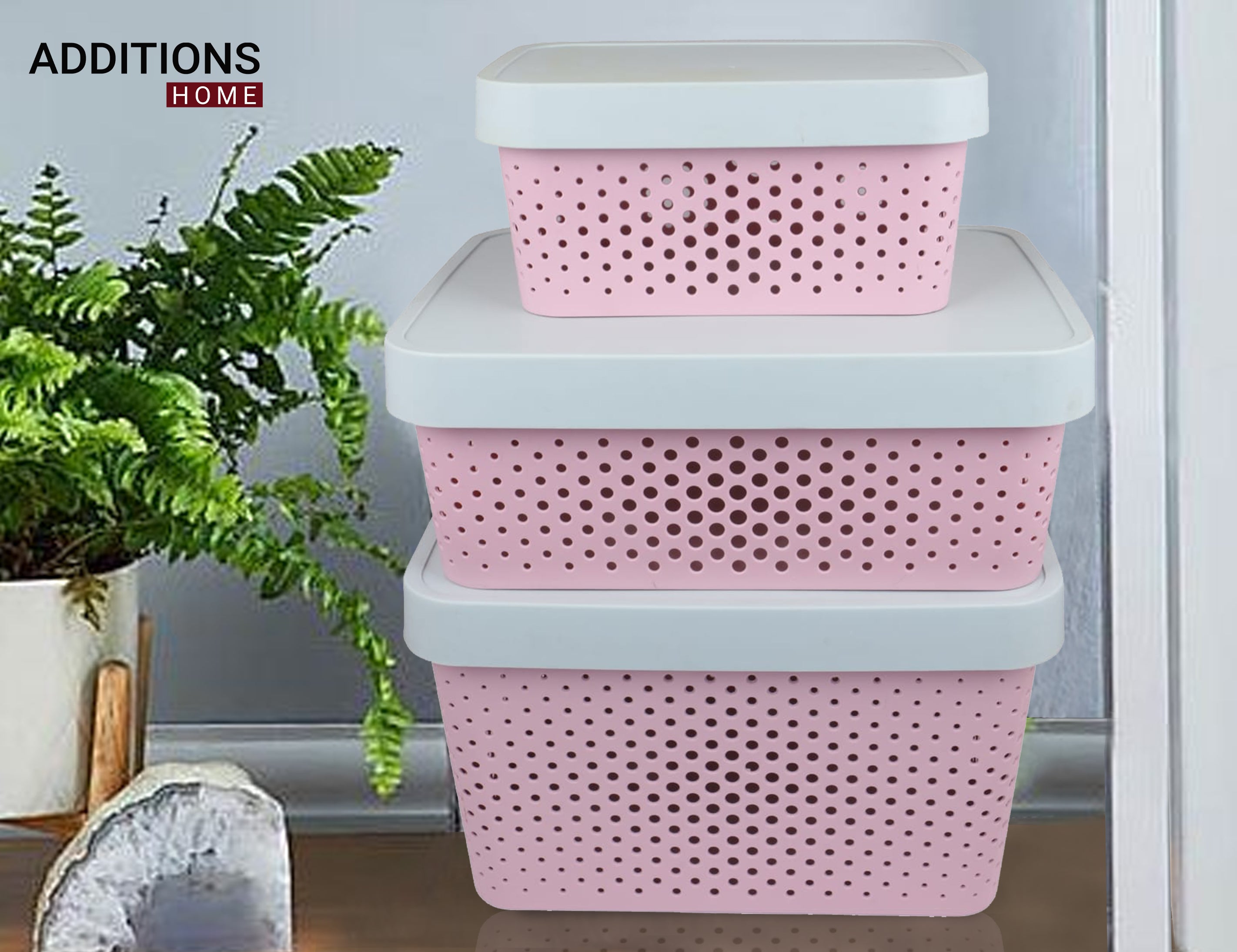 Plastic Storage Basket Set of 3 with Lid for Home/ Office Use.