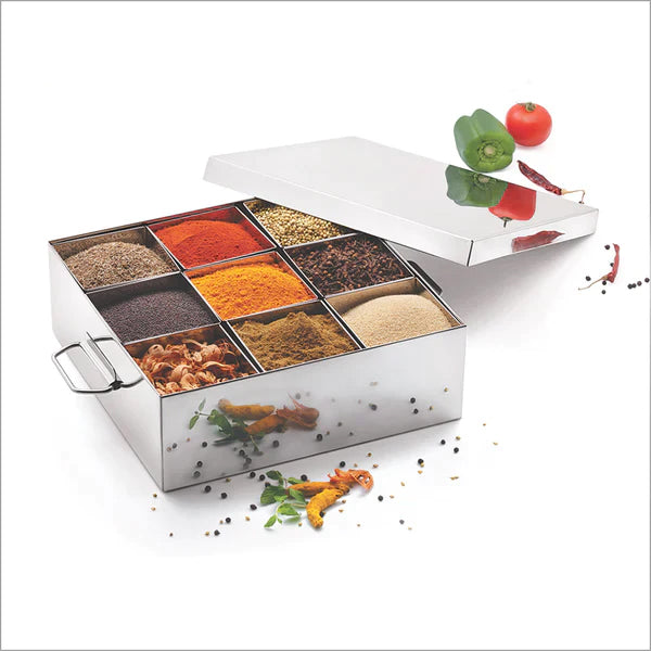 Stainless Steel Masala Dabba with 9 Compartments | Big Size Masala Petti | Silver