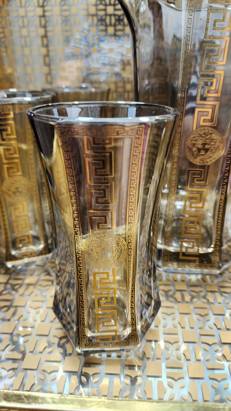 Hand Crafted Gold Plated Jug 1750 ml, With Long Glasses 370 ML, for Home and Kitchen Set of 7.