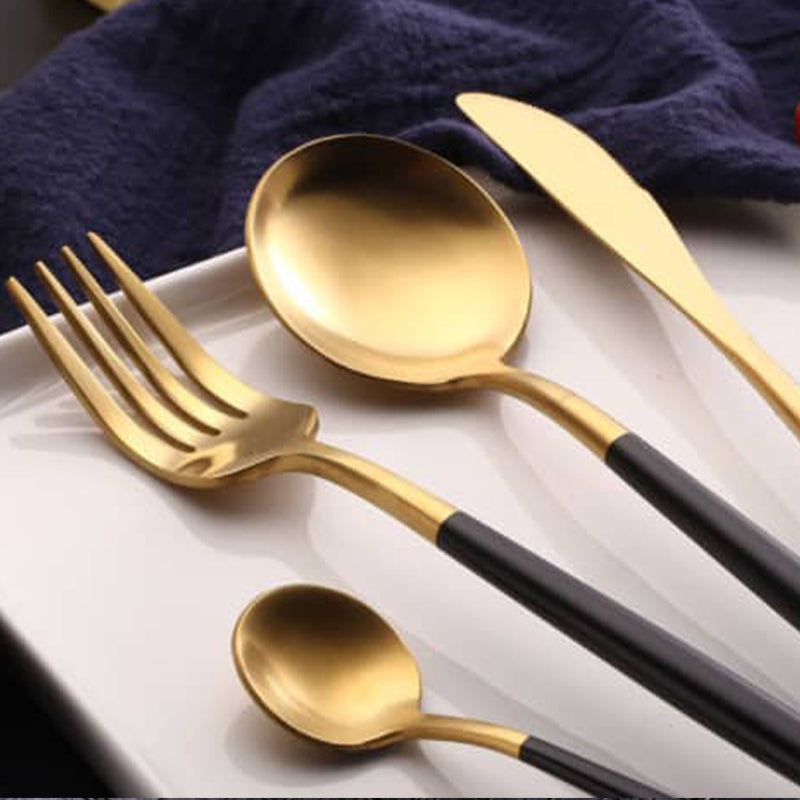 24pcs Luxury Chrome Plated Classic Cutlery Set Dinner Spoon Knives Fork Set Stainless Steel Tableware Dinner Set with Black Gift Box Black Gold