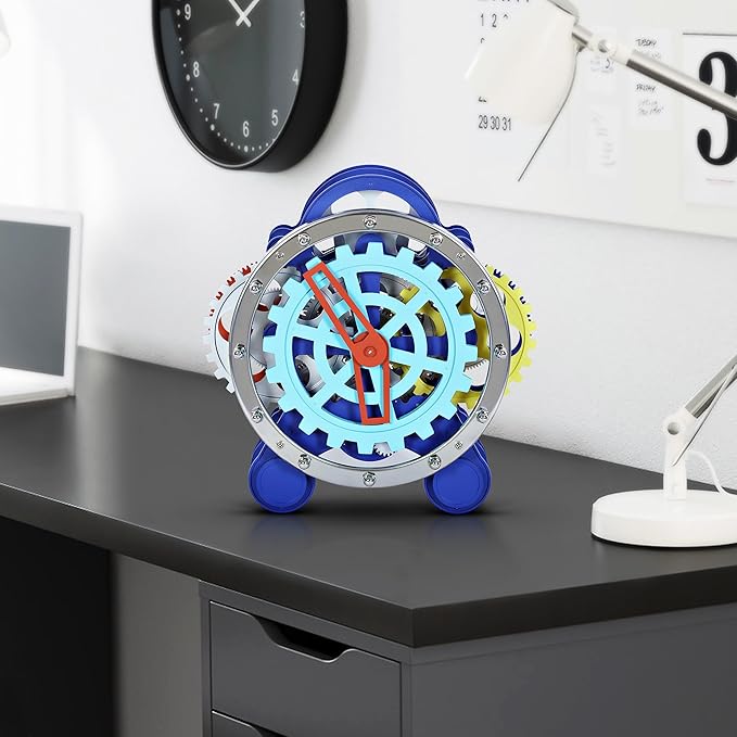 Decorative Plastic Table Clock with Metal Gear, Rotating Pattern, for Home and Office, Multi Color