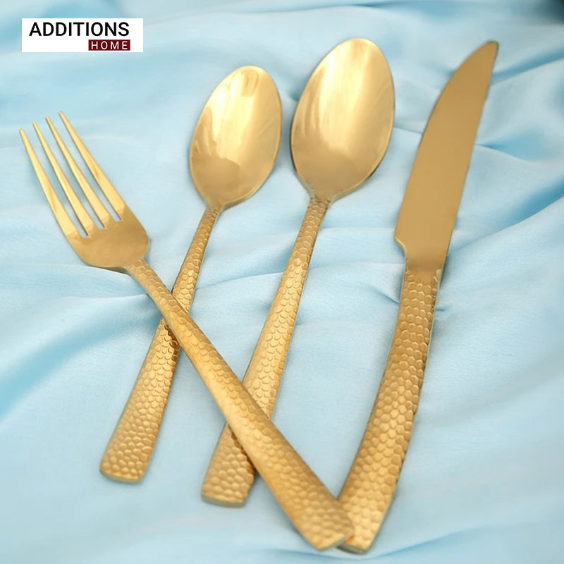 24pcs Luxury Chrome Plated Classic Cutlery Set Dinner Spoon Knives Fork Set Stainless Steel Tableware Dinner Set with Black Gift Box Gold Pleated