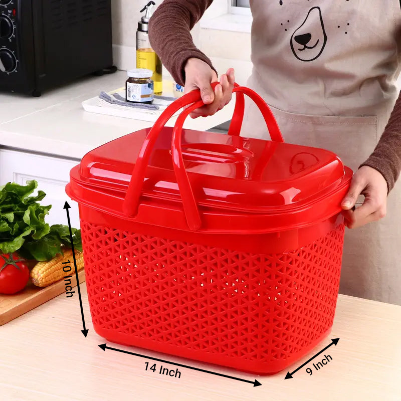 Plastic Lunch Basket with Lid & Fruit/Cutlery Tray for Office, Home and Picnic Use. (14x9x10 Inch)