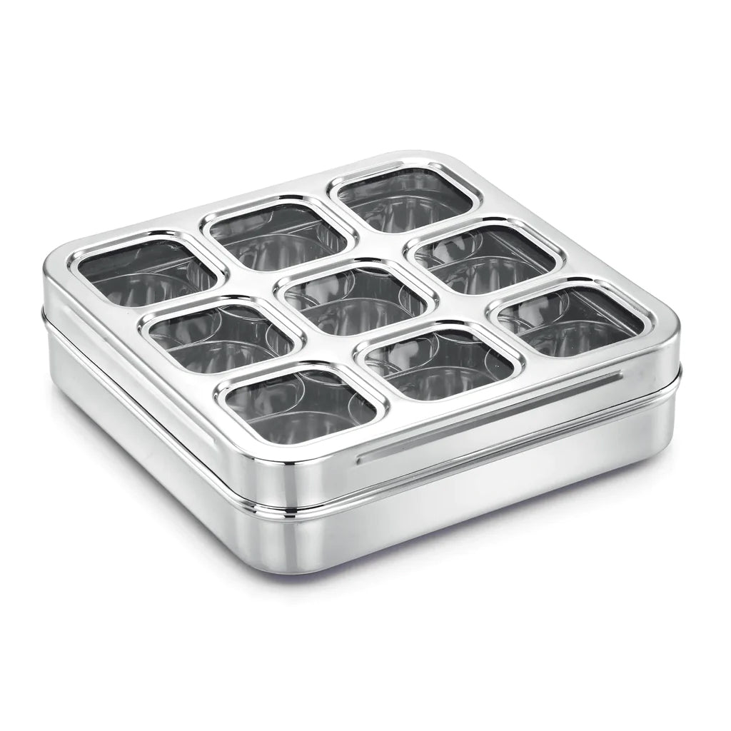 Stainless Steel Lego Masala Box -Square Cubic See thru Lid - Spice box - Condiment box - 9 partition - Diamater - 22CM, Capacity - 100 ML Each Containers