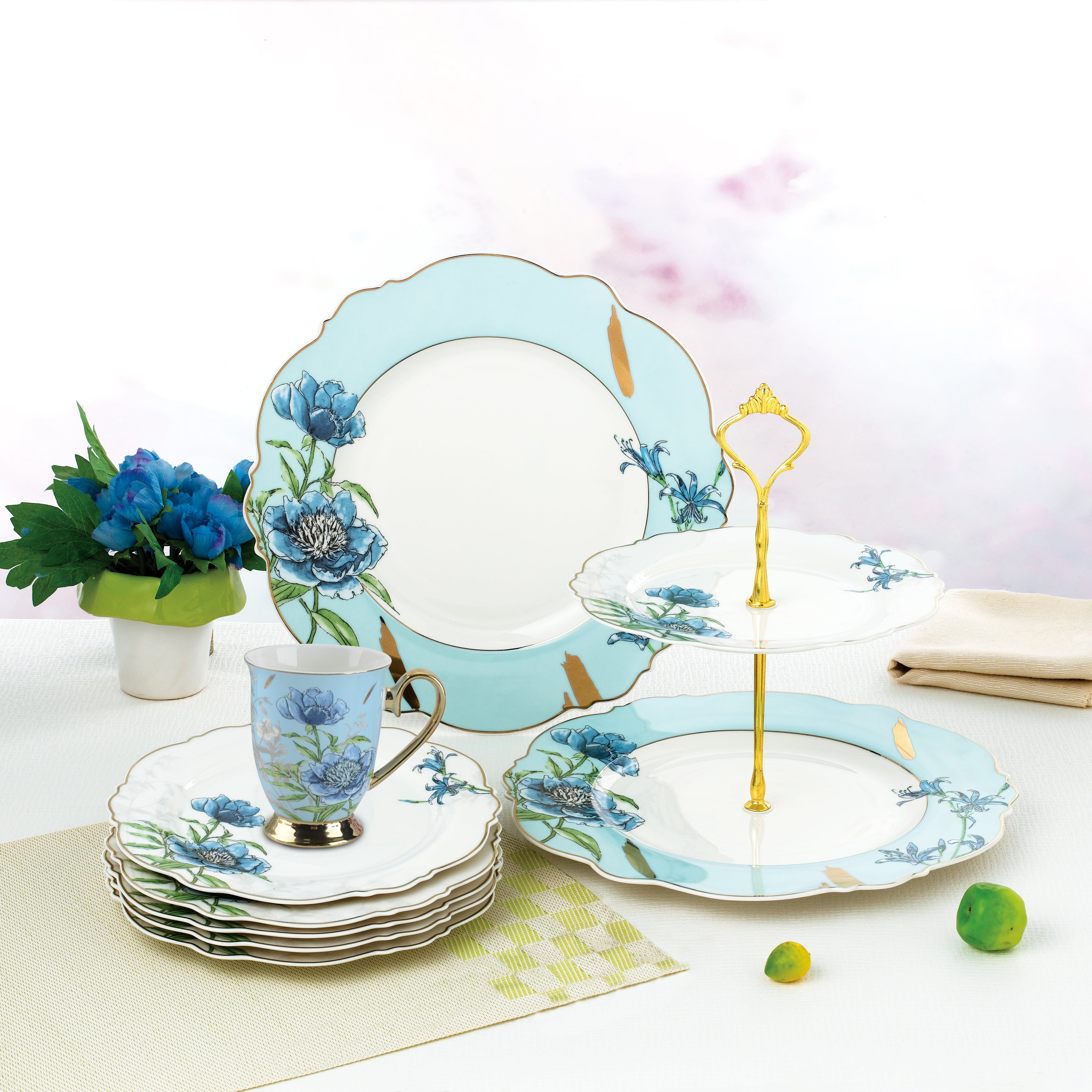 Two Tier Dessert Stand With 6 Plates Finest Premium Porcelain Set of 14pcs (A Complete Breakfast Set)