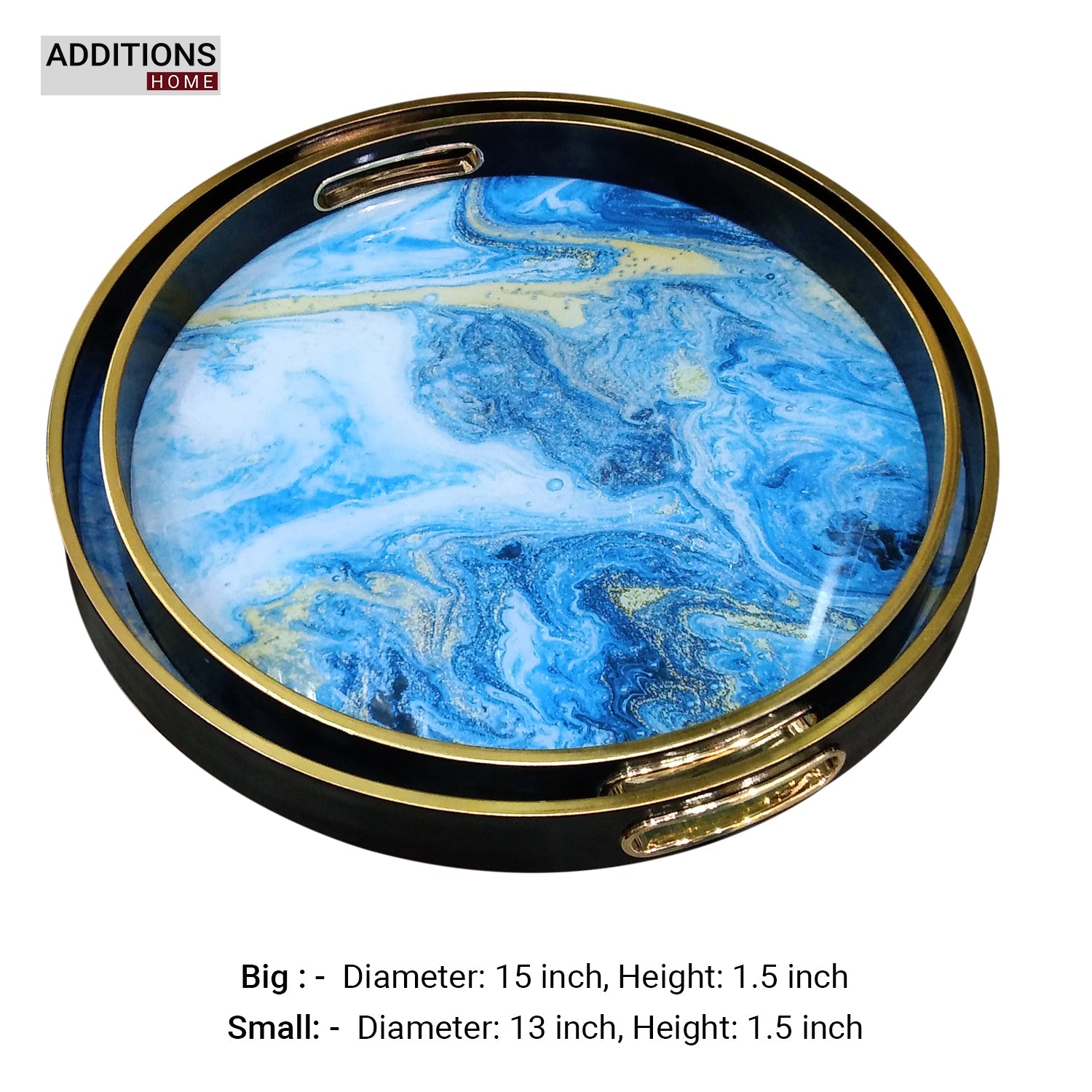 Round Decorative Tray, Marbling  Tray with Handles, Coffee Table Tray and Serving Tray for Ottoman, Kitchen, Bathroom, Black