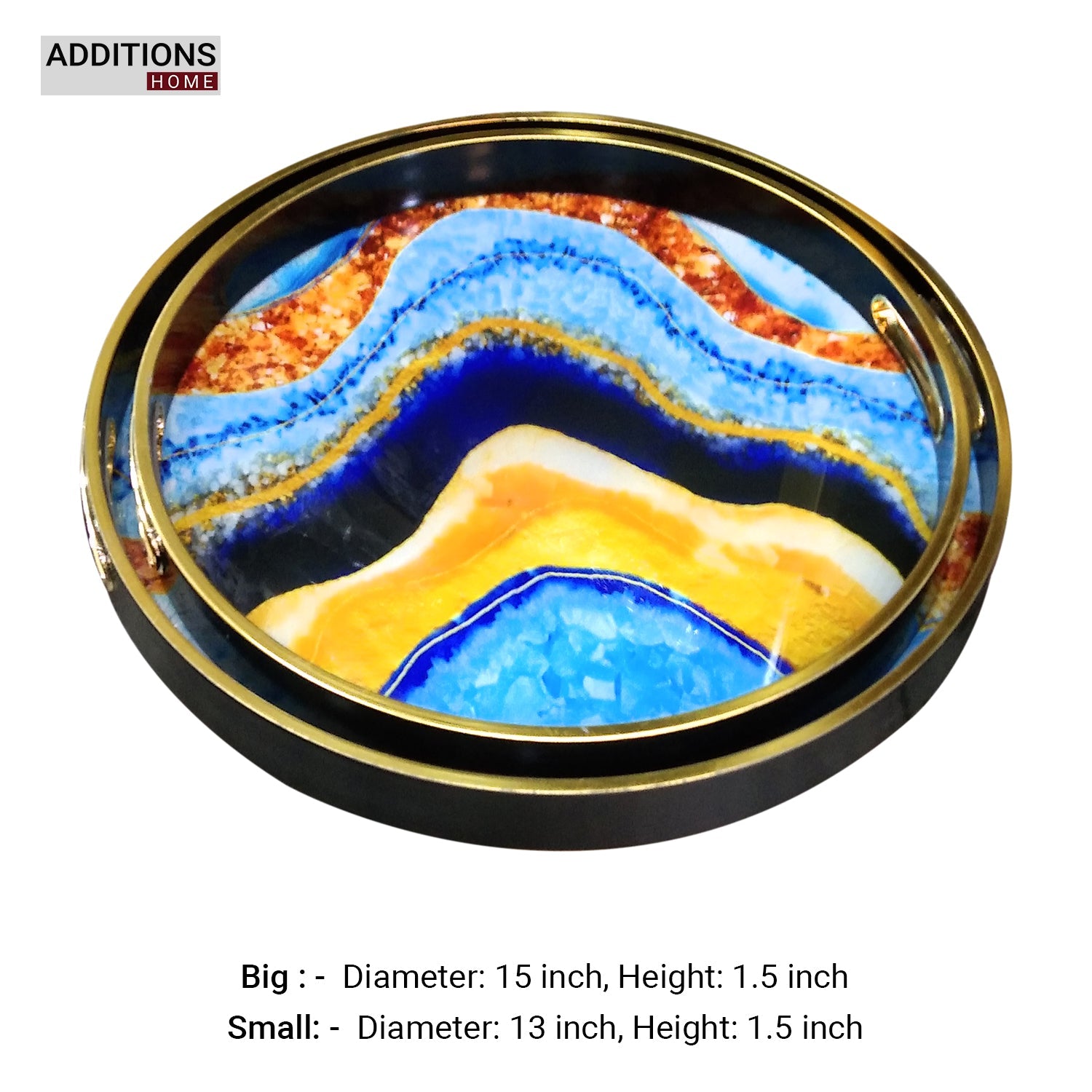 Round Decorative Tray, Marbling  Tray with Handles, Coffee Table Tray and Serving Tray for Ottoman, Kitchen, Bathroom, Black