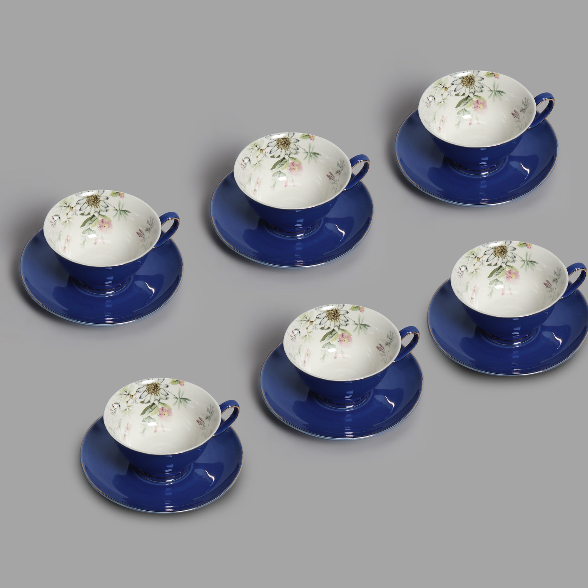 Fine English Bone China inner printed Cup and Saucer Blue (Set of 6)