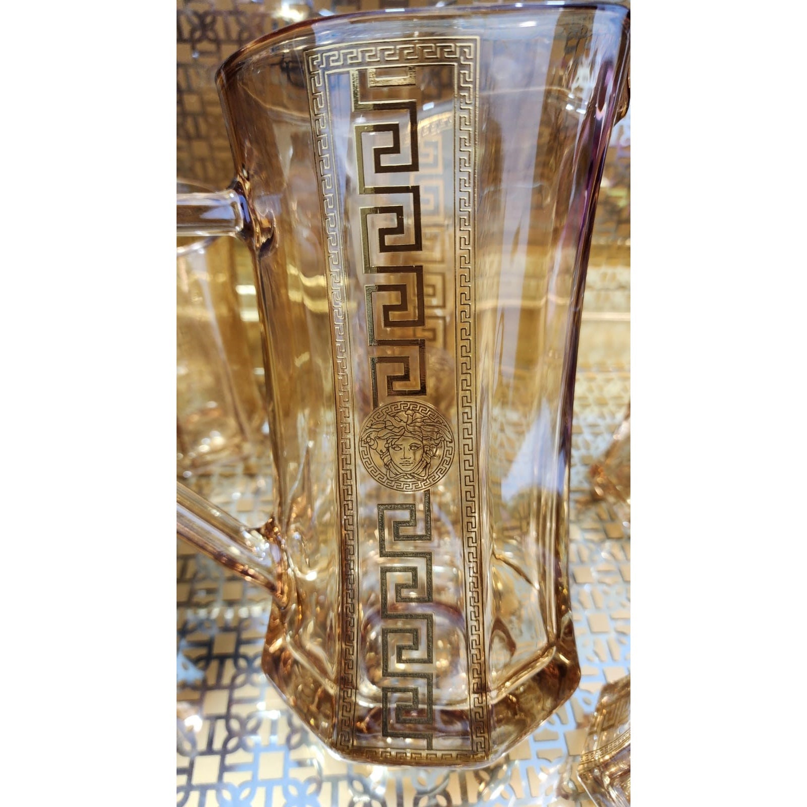 Hand Crafted Gold Plated Jug 1750 ml, With Long Glasses 370 ML, for Home and Kitchen  Set of 7.