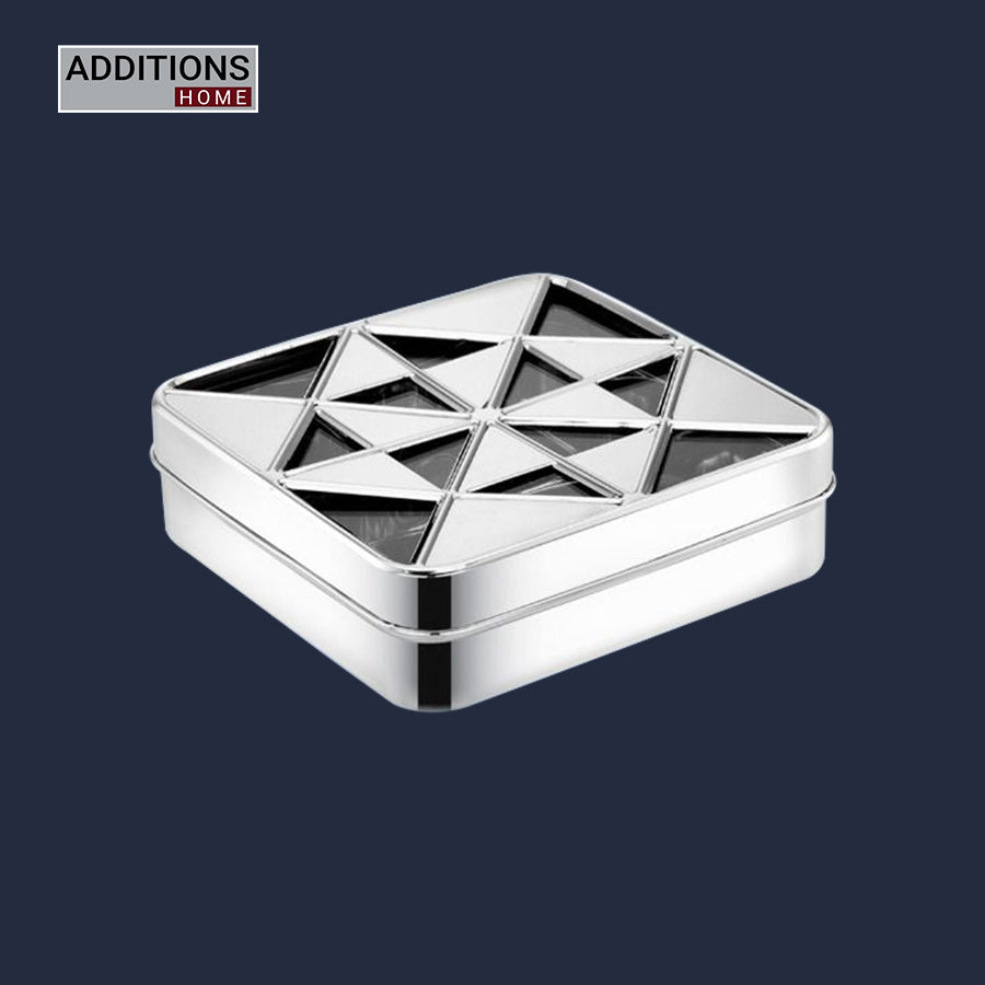 Stainless Steel Lego Masala Box -Square Cubic See thru Lid - Spice box - Condiment box - 9 partition - Diamater - 22CM, Capacity - 100 ML Each Containers