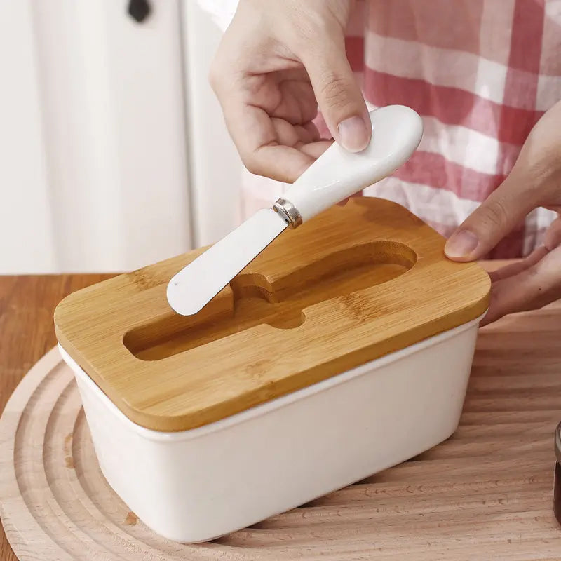 Butter Dishes Box Premium Quality Elite Range Heavy Fine Porcelain Butter Box, Butter Dish with Wooden Top Cover, Lid with a Knife -600 ML