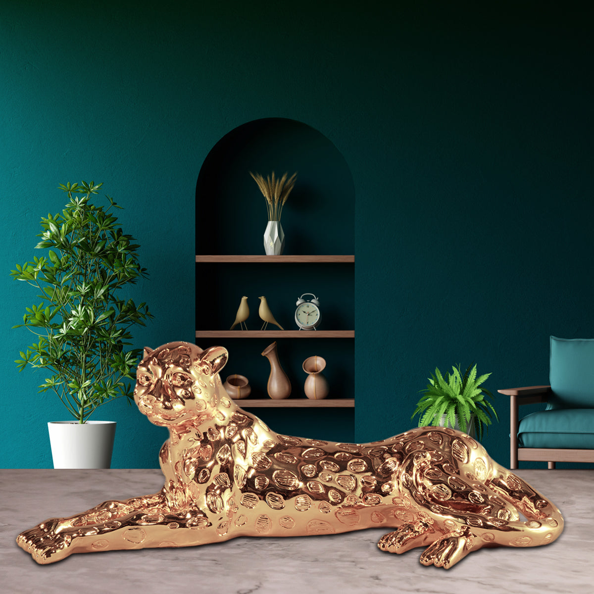 Rose Gold Wild Animal Leopard Sculpture Resin Craft, Living Room Study Leopard Decoration 22x9 Inch