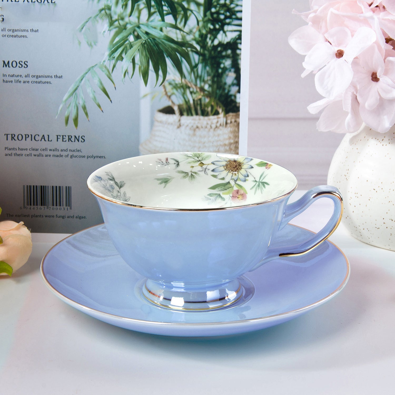 Fine English Bone China inner printed Cup and Saucer Aqua (Set of 6)