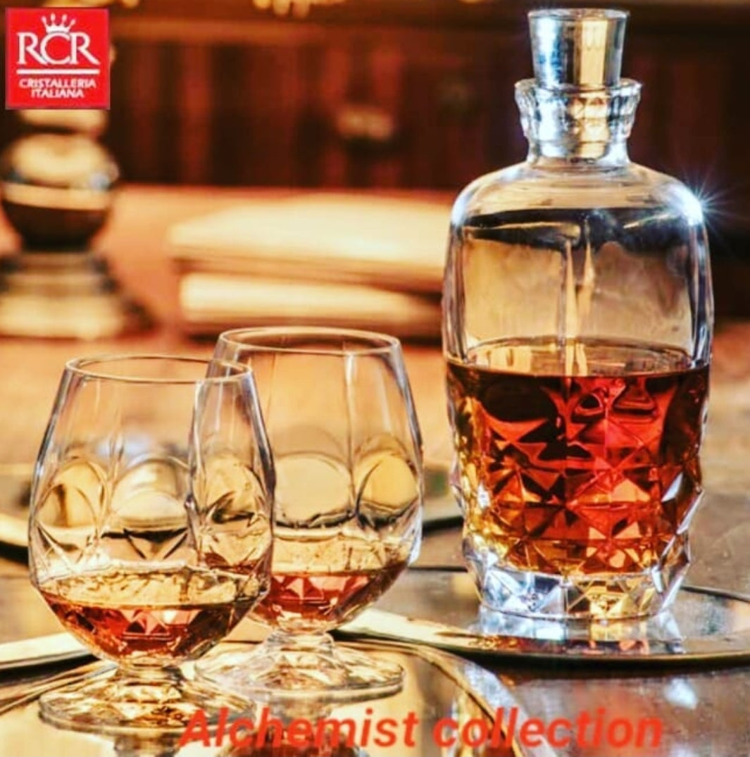 RCR(Made In Italy) Alkemist Crystal Whisky/Wine Decanter  Stopper1070 ML with 6 Glasses(7 PC Set)
