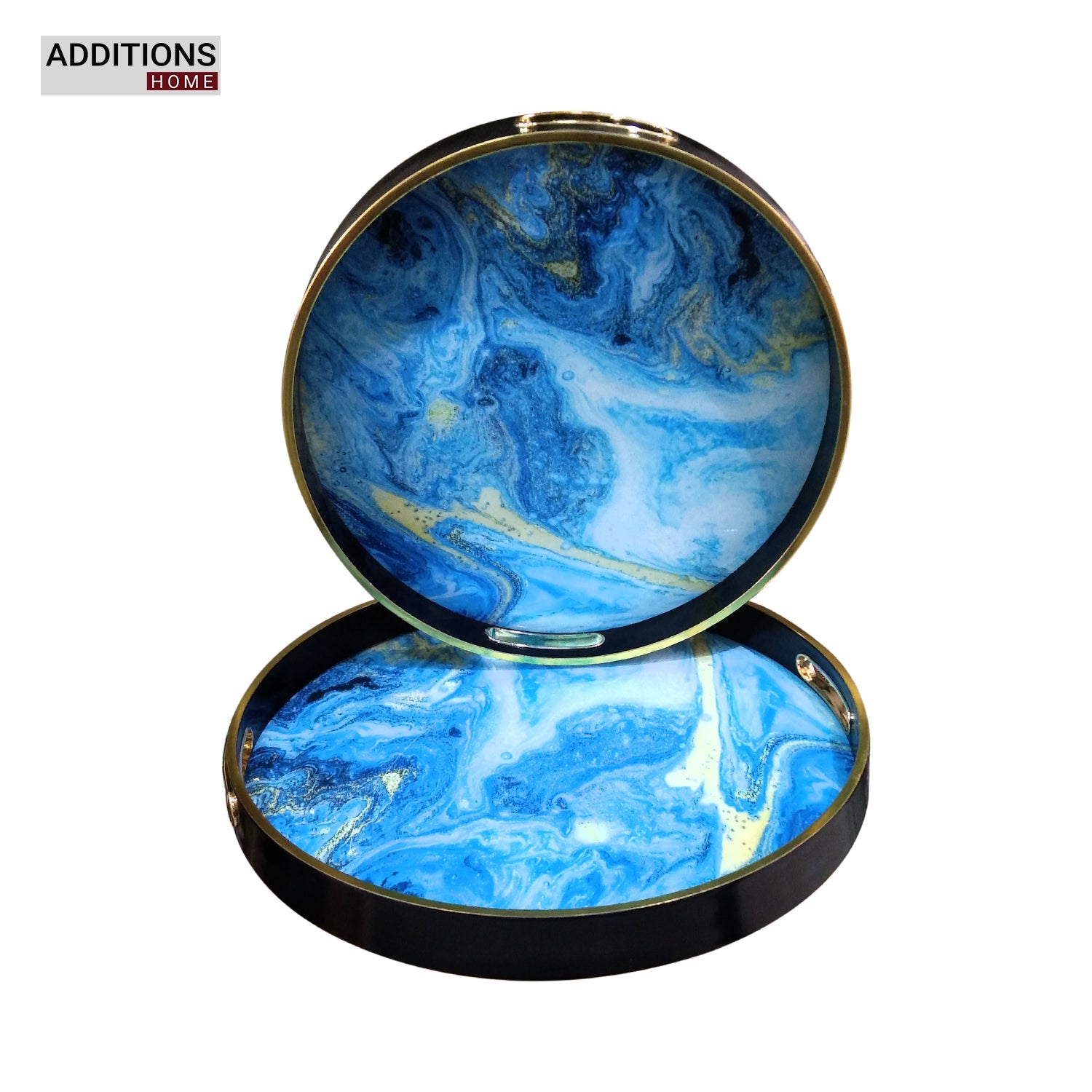 Round Decorative Tray, Marbling  Tray with Handles, Coffee Table Tray and Serving Tray for Ottoman, Kitchen, Bathroom, Black