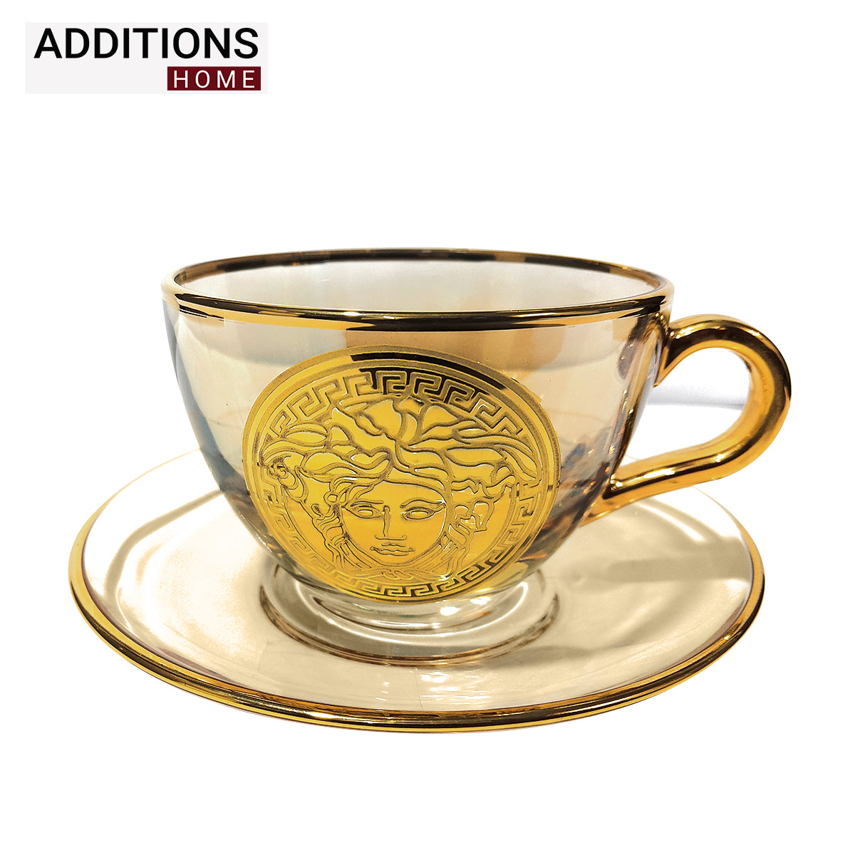 Elegant Cup and Plate MADE IN TURKEY, AMBER COLOUR, GOLD PLATED Set of 6 (limited edition)