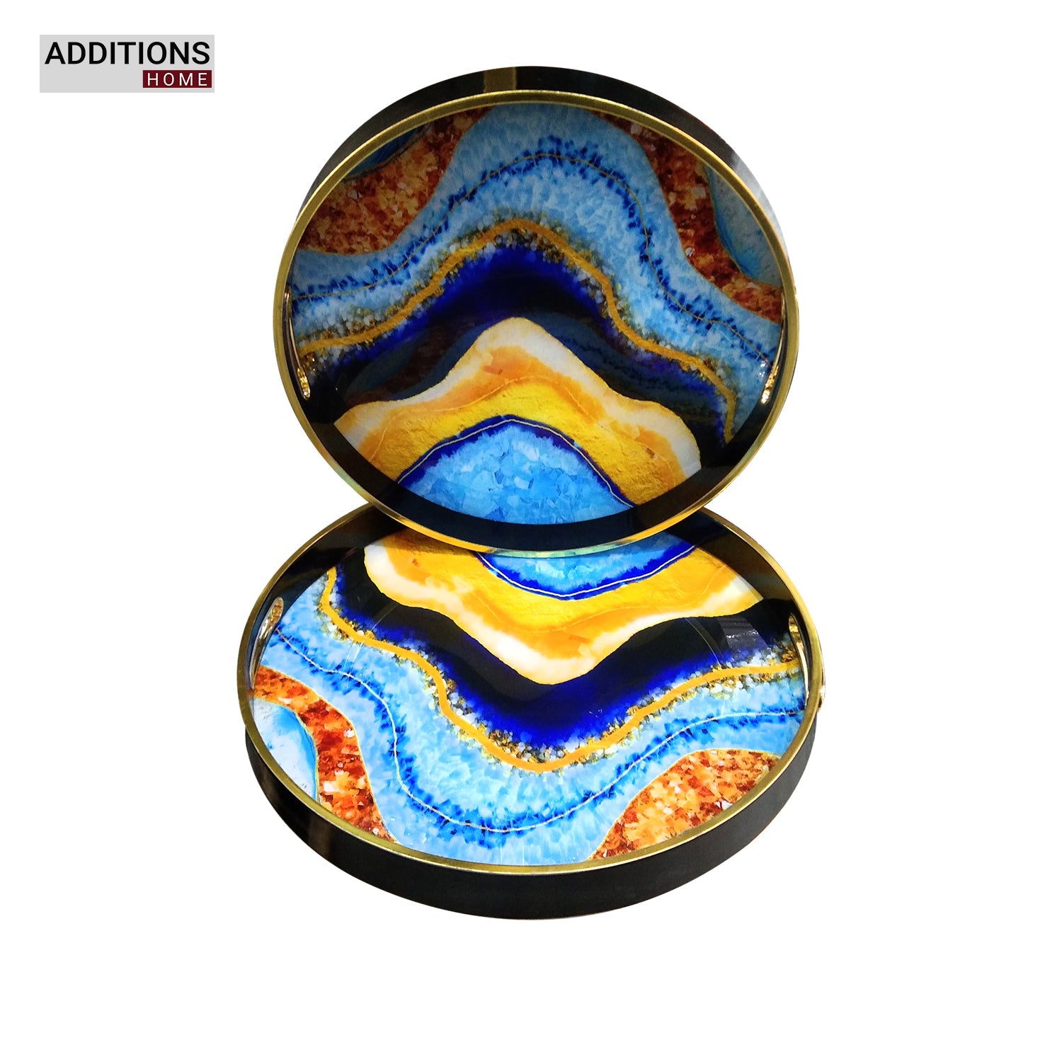 Round Decorative Tray, Marbling  Tray with Handles, Coffee Table Tray and Serving Tray for Ottoman, Kitchen, Bathroom, Black