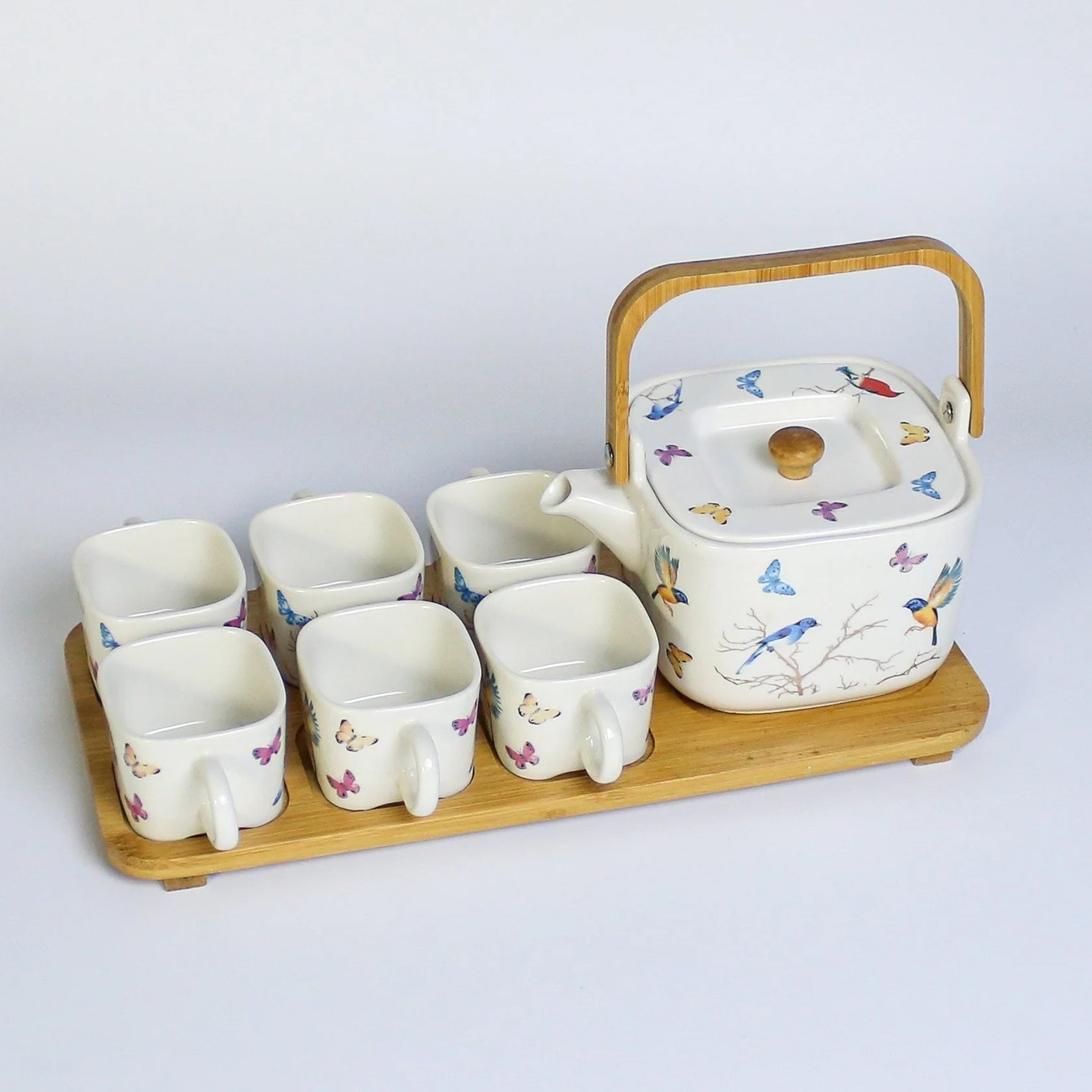 Songbirds Ceramic Coffee / Tea set  With Bamboo Tray 8 Pcs Set