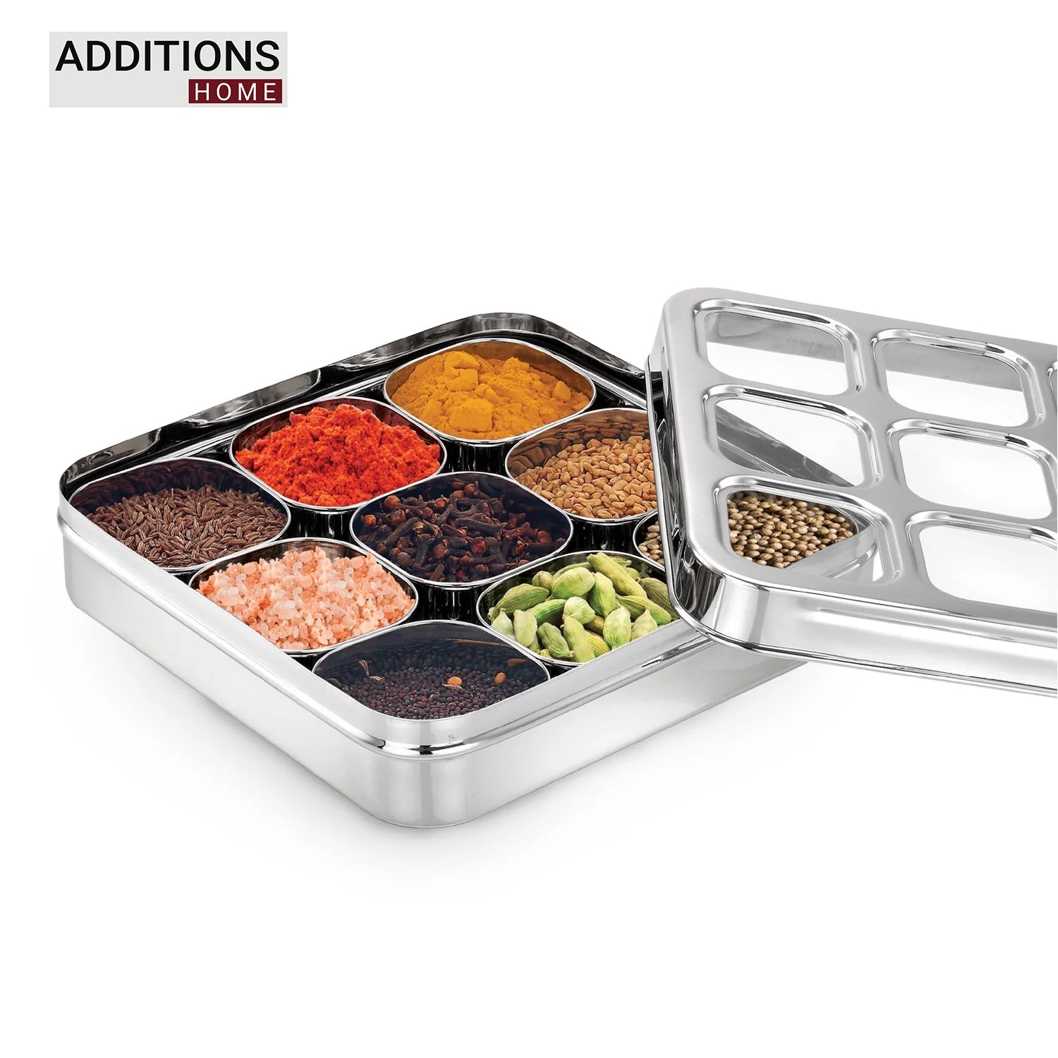 Stainless Steel Lego Masala Box -Square Cubic See thru Lid - Spice box - Condiment box - 9 partition - Diamater - 22CM, Capacity - 100 ML Each Containers