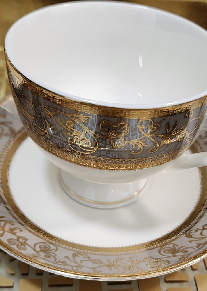 Luxury Embossed Gold Plated Cup & Saucer Royal Style Bone China, Set Of 6  (MADE IN JAPAN)