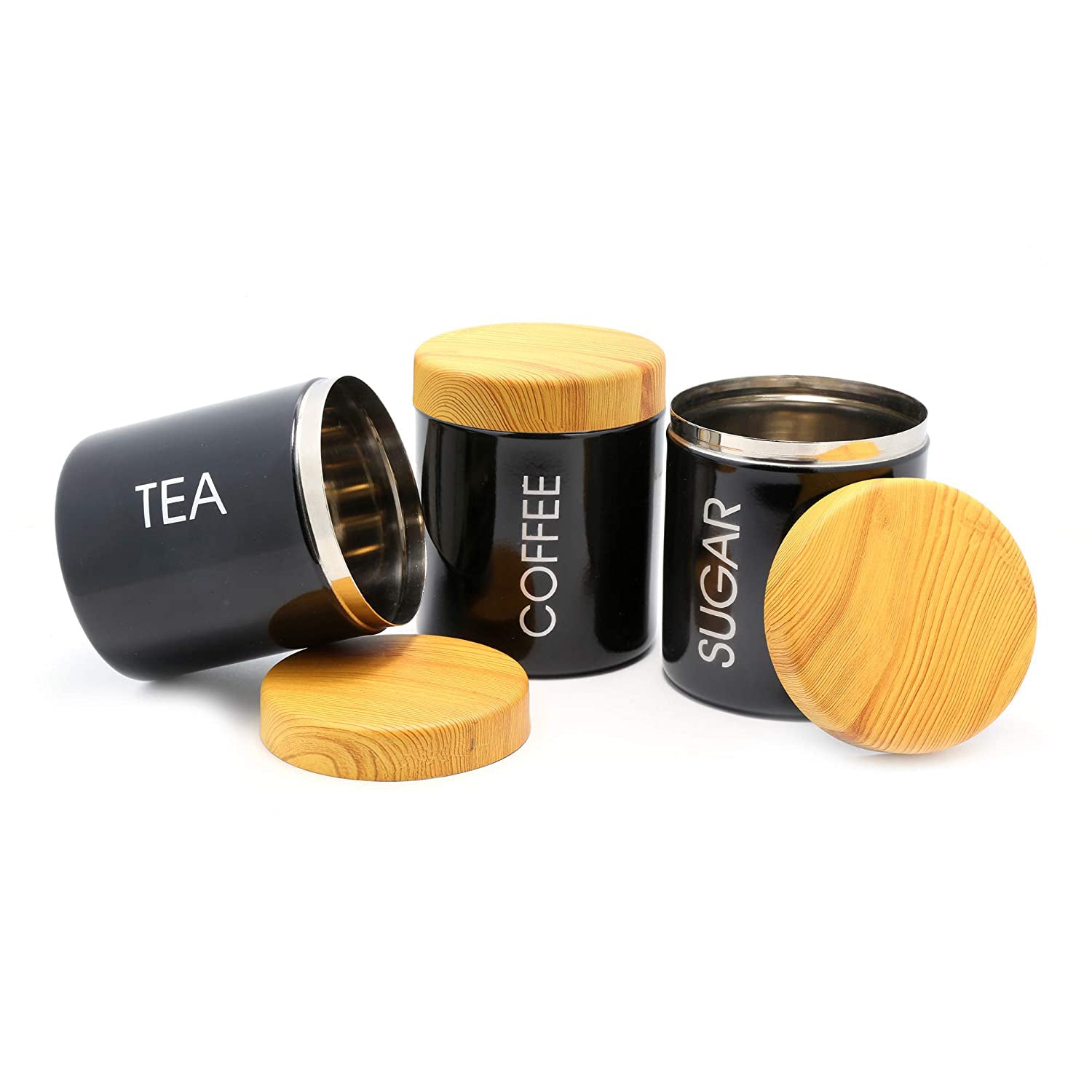 Stainless Steel Tea/Coffee/Sugar Multipurpose Kitchen Accessories Canisters, 600 ML Each -3 Pc Set (Black)