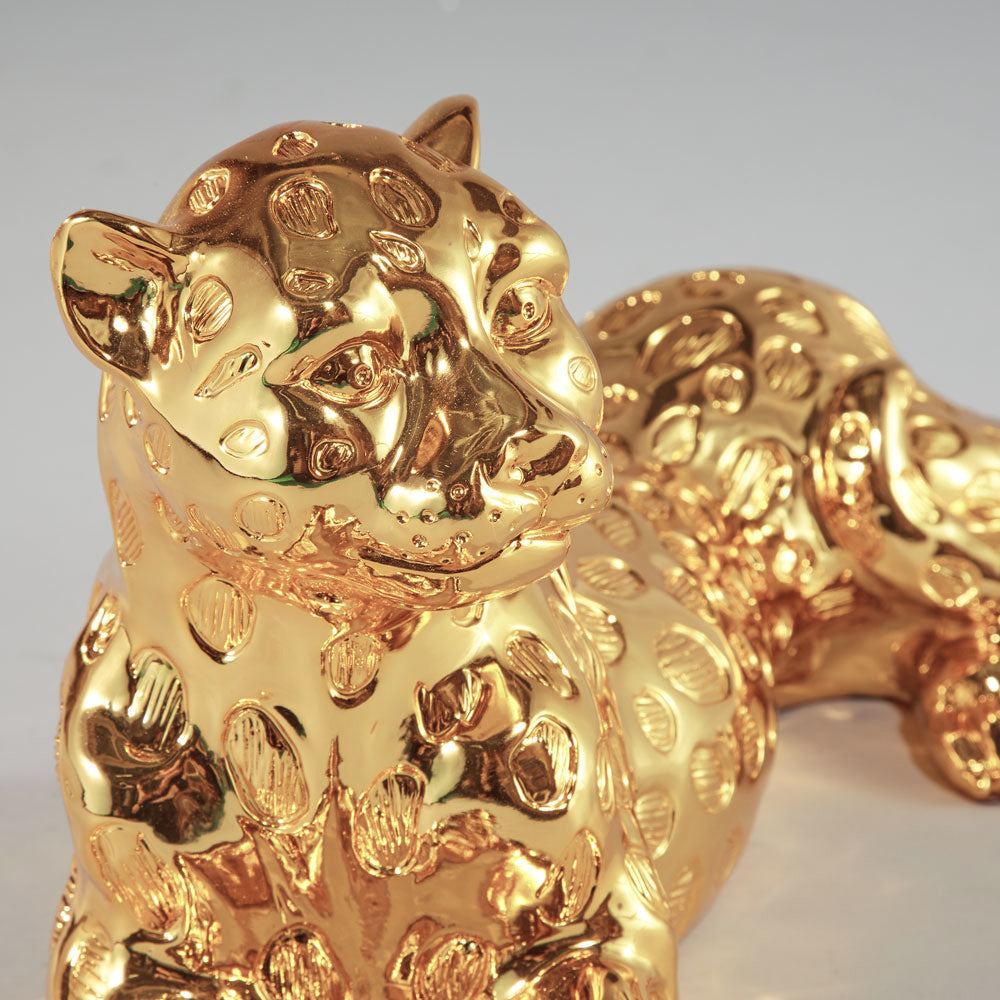 Light Gold Wild Animal Leopard Sculpture Resin Craft, Living Room Study Leopard Decoration 22x9 Inch