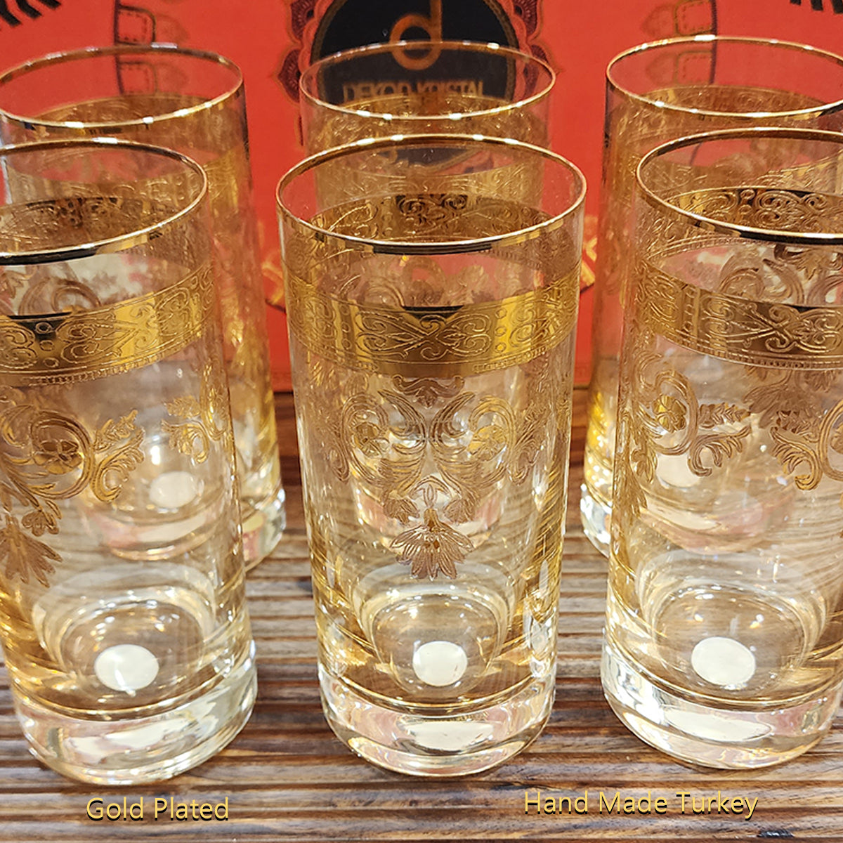 Hand Crafted Gold Plated Long Glasses Capacity: 370 ML, for Home and Kitchen - Ideal Gift for Housewarming