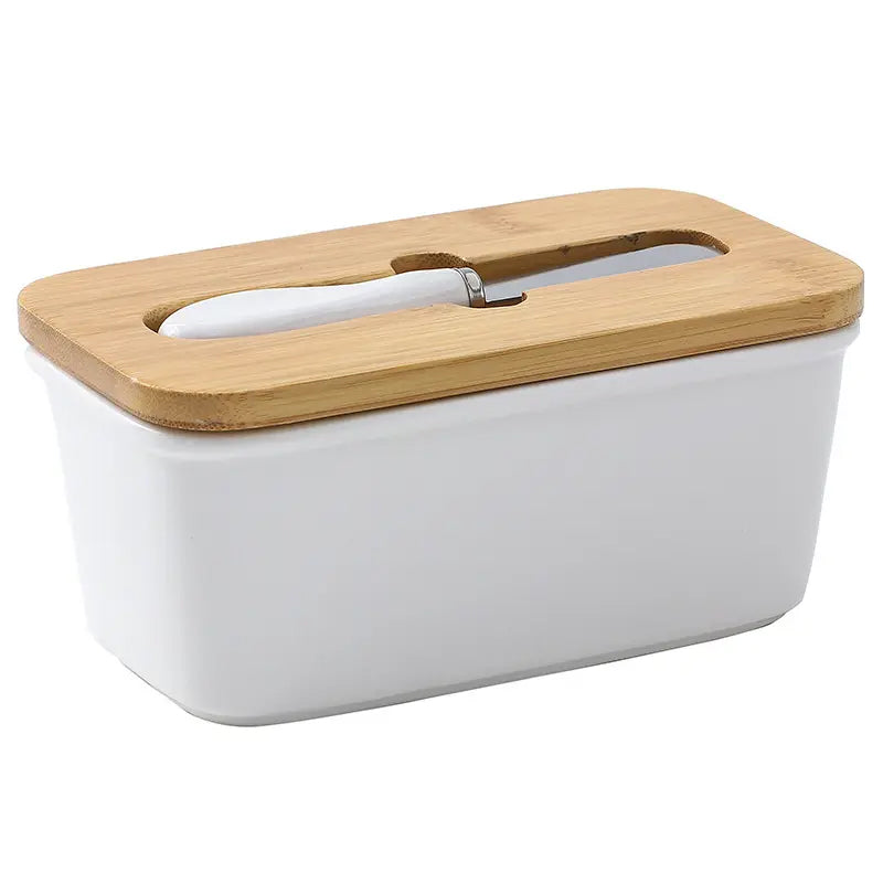 Butter Dishes Box Premium Quality Elite Range Heavy Fine Porcelain Butter Box, Butter Dish with Wooden Top Cover, Lid with a Knife -600 ML