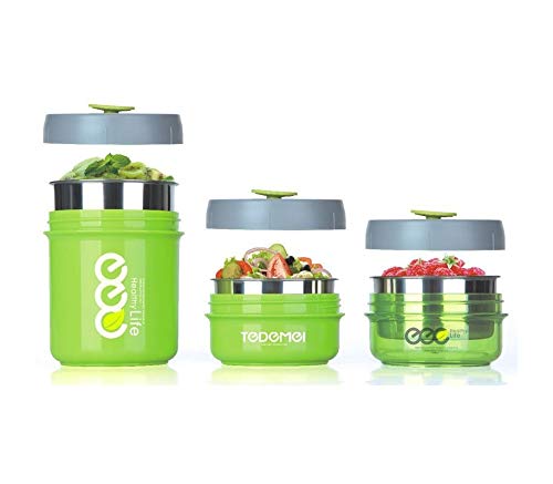 Additions Home Stainless Steel Insulated Vacuum Seal Leak Proof 3-in-1 Lunch Box with 3 Detachable Jars, BPA Free, Dishwasher Safe for School Kids and Office, 860 ml, Green