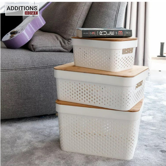 Plastic Storage Basket Set of 3 with Wooden Lid  for Home/Office Use.