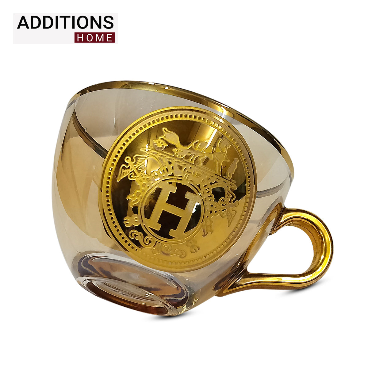 Elegant Cup and Plate MADE IN TURKEY, AMBER COLOUR, GOLD PLATED Set of 6 (limited edition)