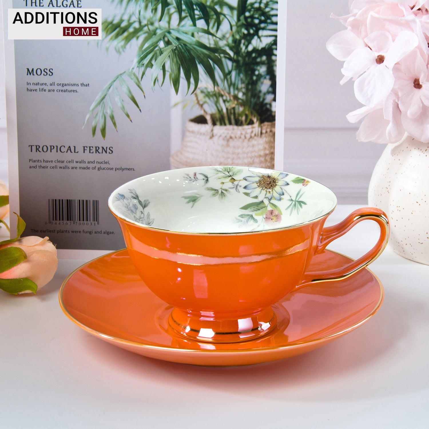 Fine English Bone China inner printed Cup and Saucer Orange (Set of 6)