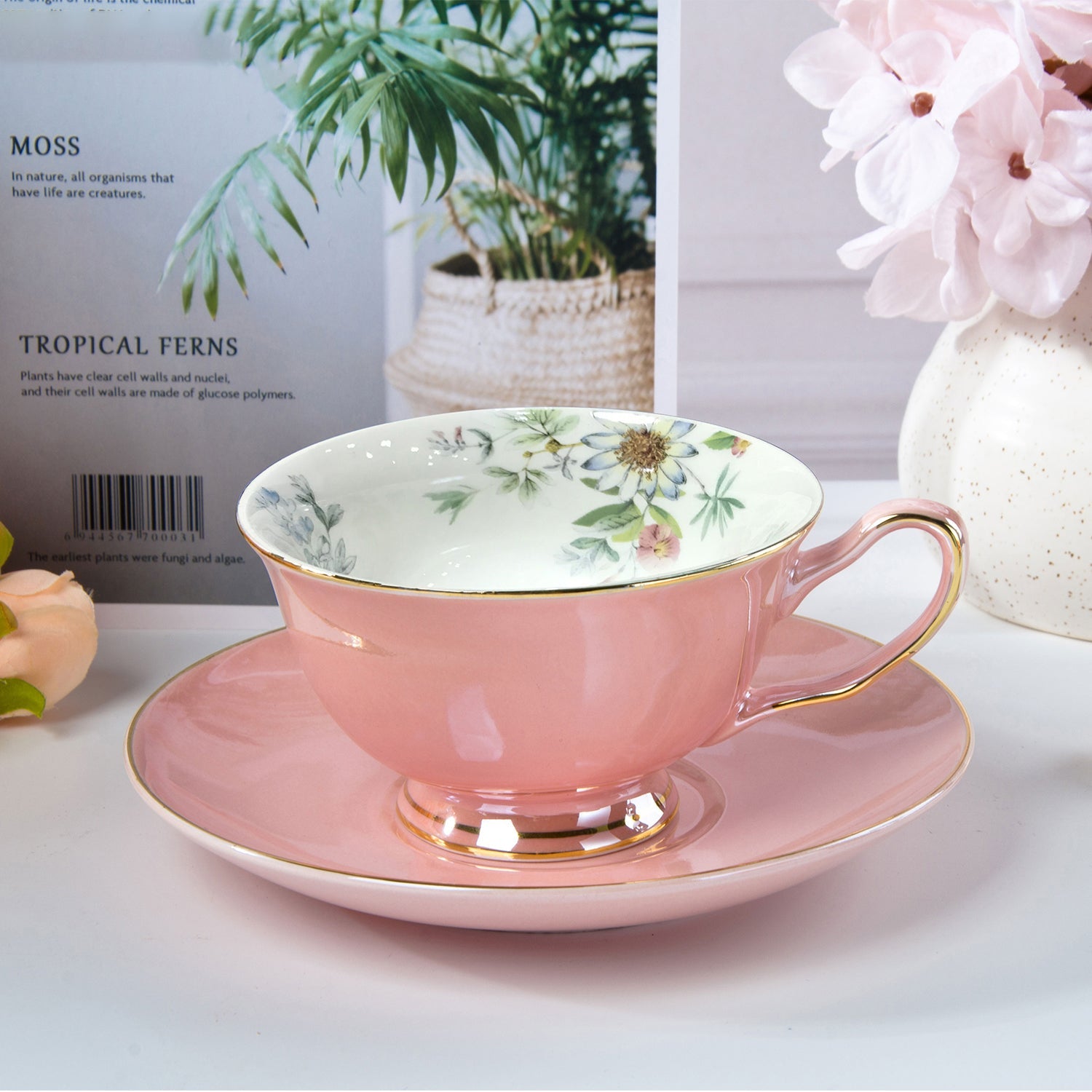 Fine English Bone China inner printed Cup and Saucer Pink (Set of 6) by